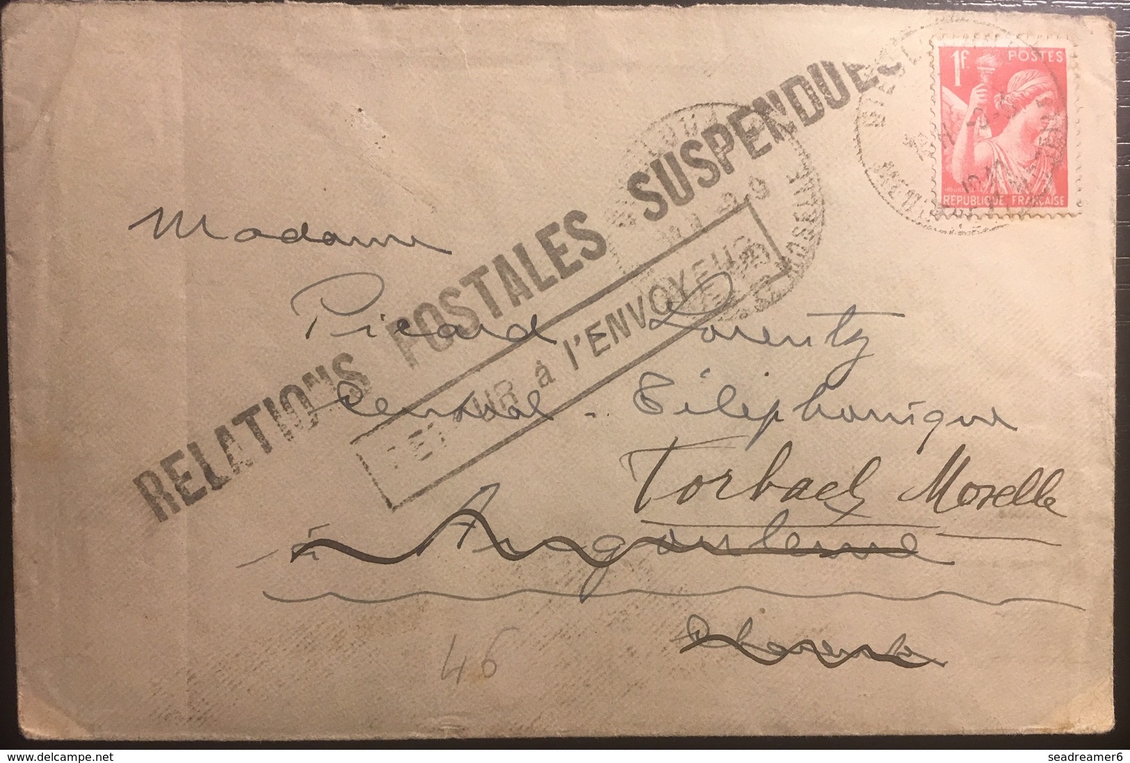 France Lettre Iris N°433 1fr Rouge Pour Angouleme Puis Reexpedié Pour Forbach "Relations Postales Suspendues" !! - 1939-44 Iris