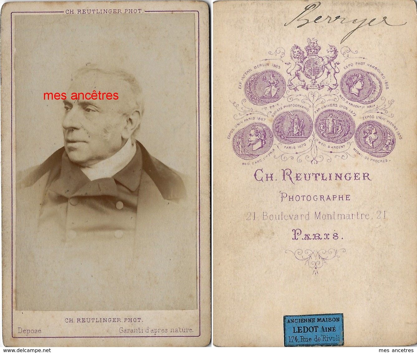 Vers 1873-CDV Pierre Antoine BERRYER 1790-1868 Avocat, Homme Politique- Photo Ch. Reutlinger Maison Ex Ledot - Anciennes (Av. 1900)