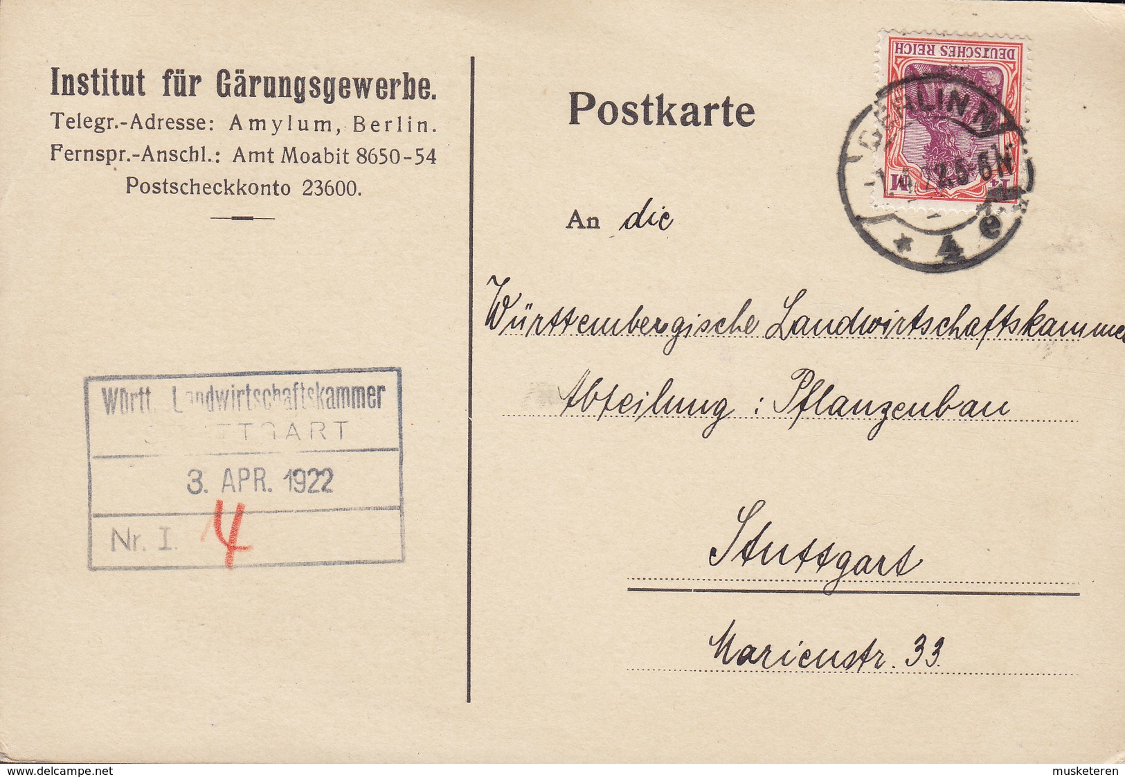 Germany Deutsches Reich INSTITUT Für GÄRUNGSWERBE, BERLIN N 1922 Card Karte STUTTGART 1 1/4 Mark Germania - Briefe U. Dokumente