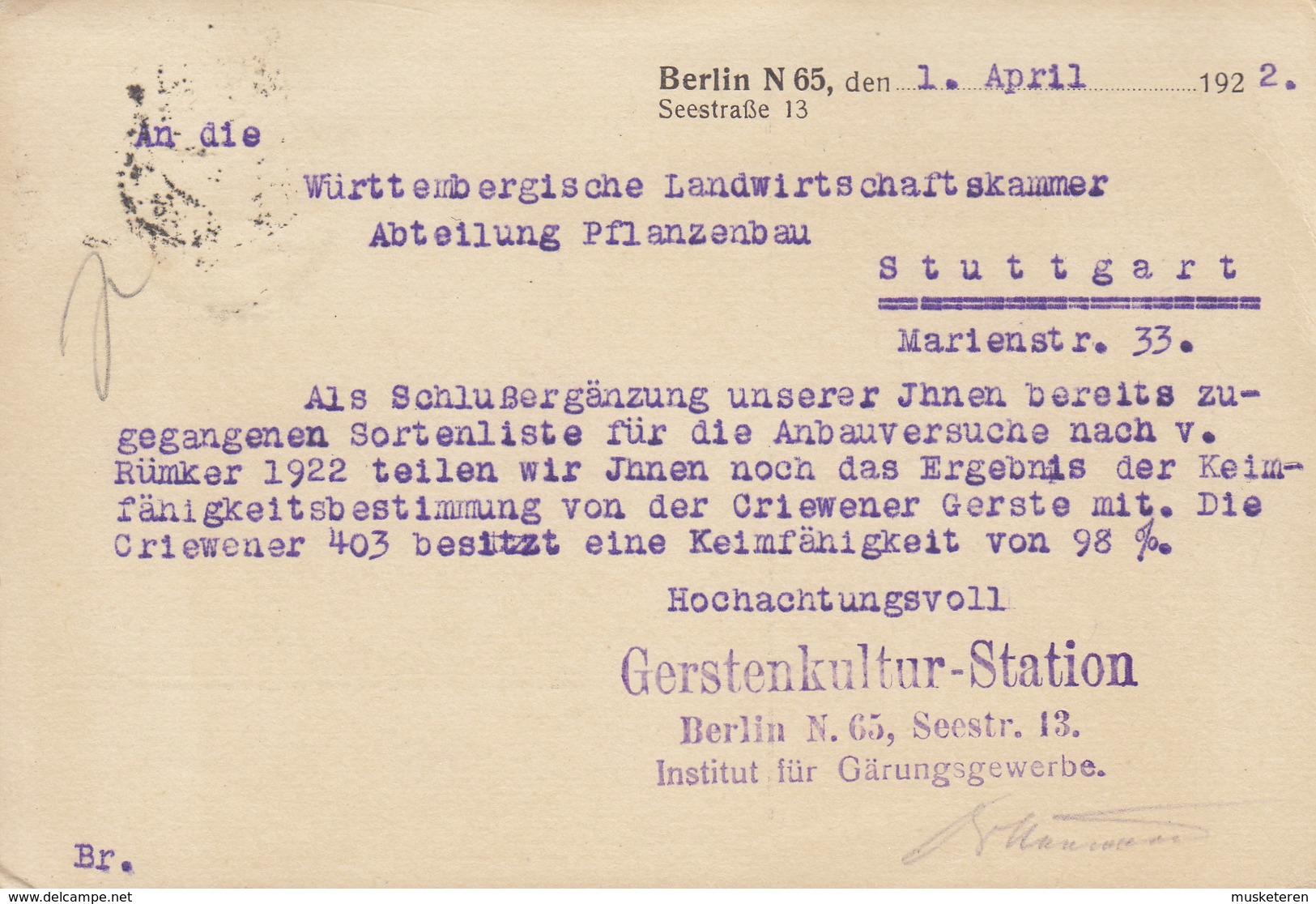 Germany Deutsches Reich INSTITUT Für GÄRUNGSWERBE, BERLIN N 1922 Card Karte STUTTGART 1 1/4 Mark Germania - Lettres & Documents