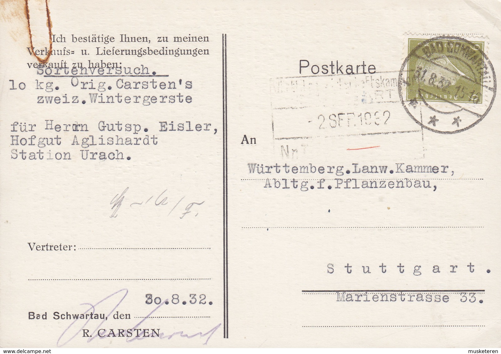 Germany Deutsches Reich R. CARSTEN Wintergerste BAD SCHWARTAU 1932 Card Karte STUTTGART 6 Pf. Ebert - Briefe U. Dokumente