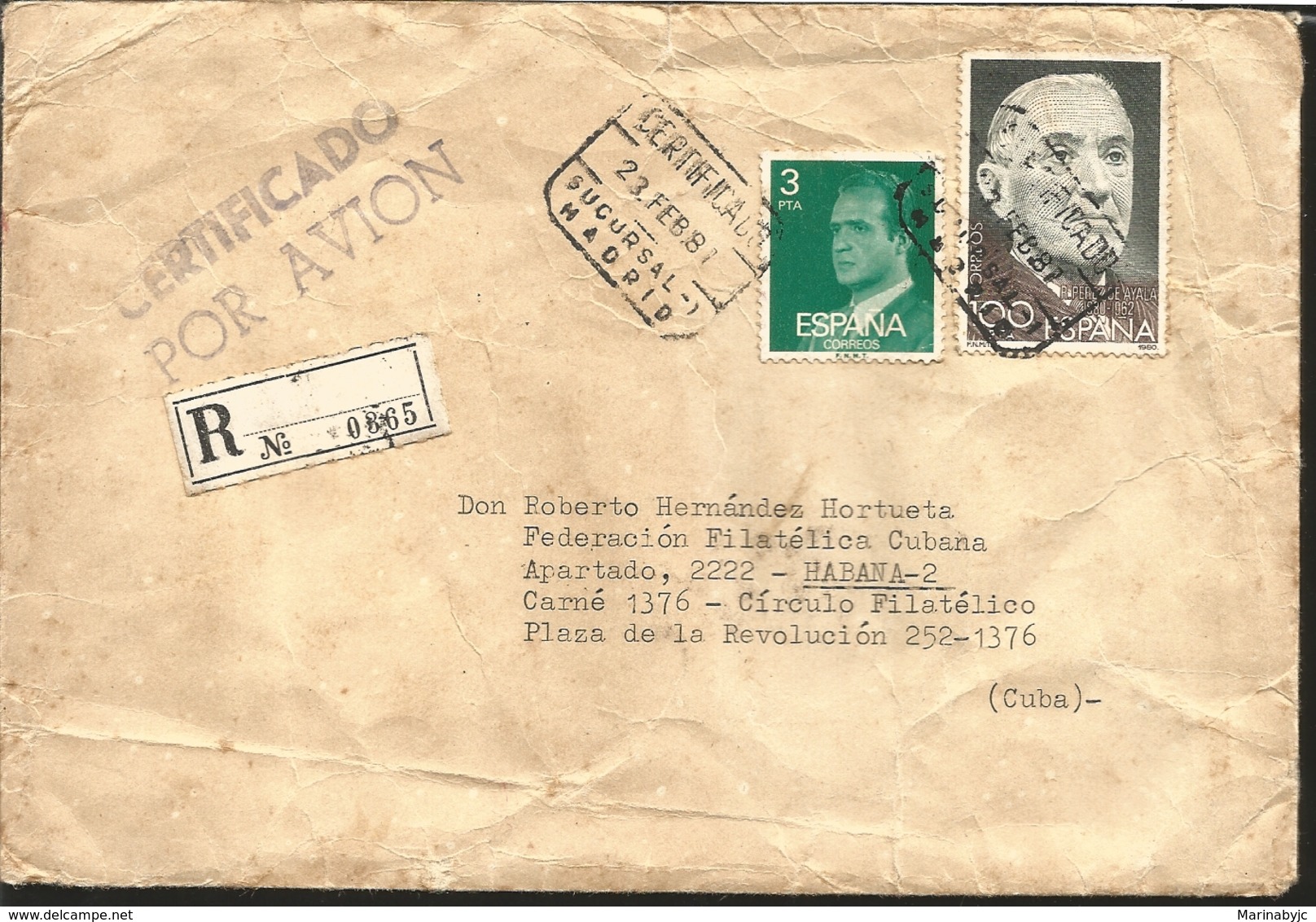 J) 1981 SPAIN, KING JUAN CARLOS I, R. PEREZ DE AYALA, CERTIFICATED AND REGISTERED, MULTIPLE STAMPS, AIRMAIL, CIRCULATED - Covers & Documents