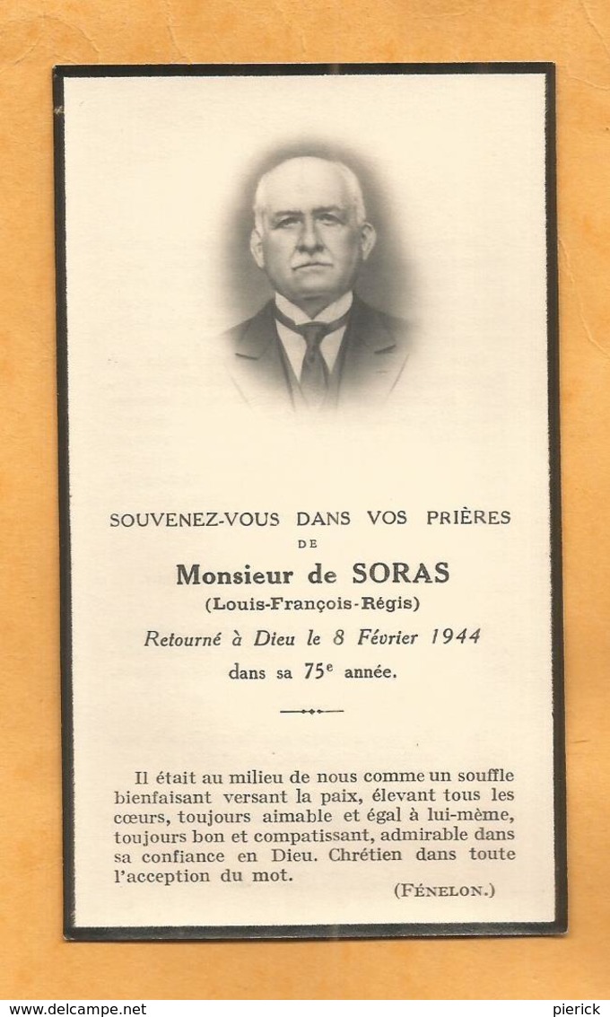 GENEALOGIE FAIRE PART DECES CARTE MEMOIRE  LOUIS FRANCOIS REGIS DE SORAS 1944 - Décès