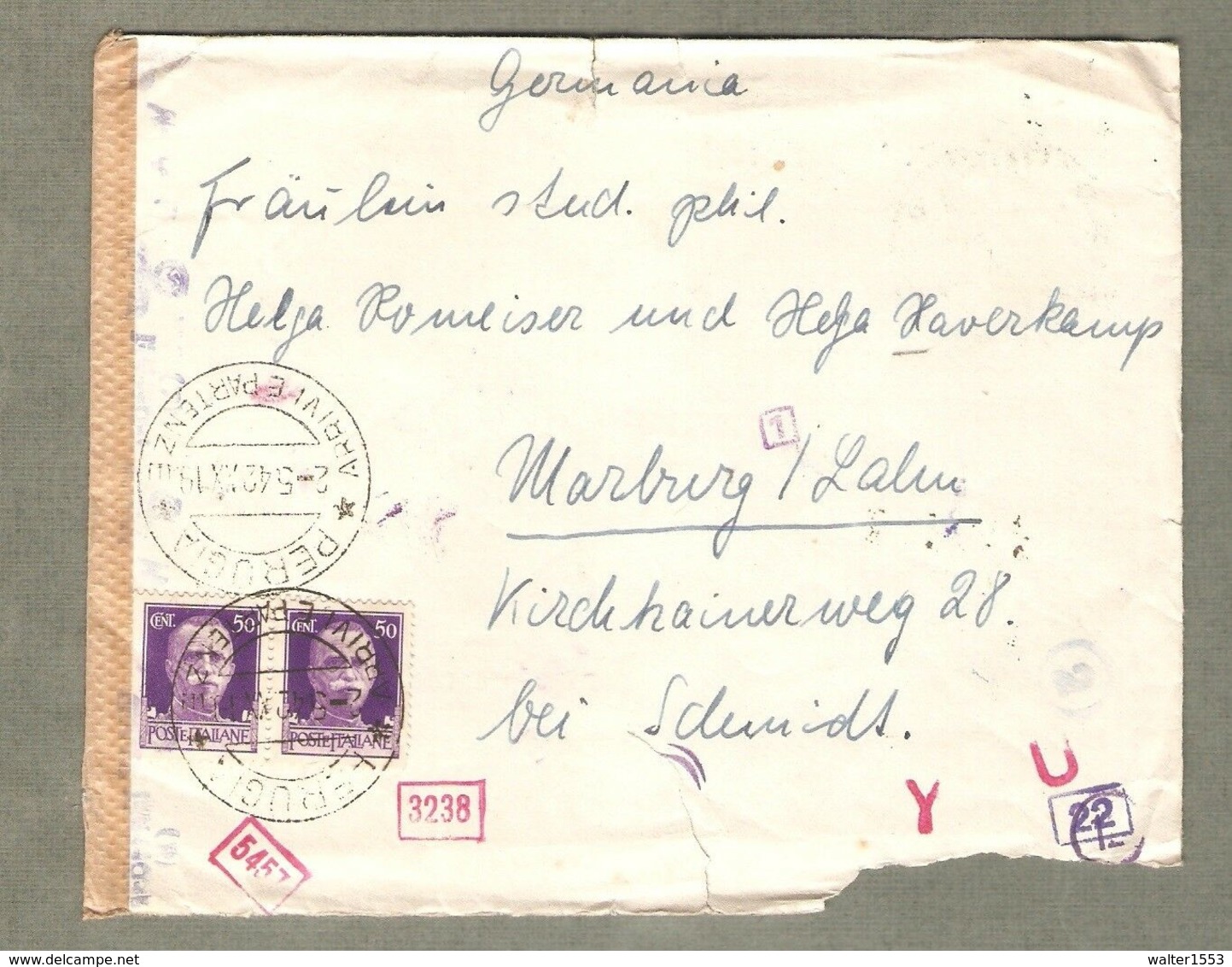 Storia Postale 1942 Da Perugia A Germania Affr. Coppia 50 Cent Imperiale + Censura Vedi Retro - Storia Postale