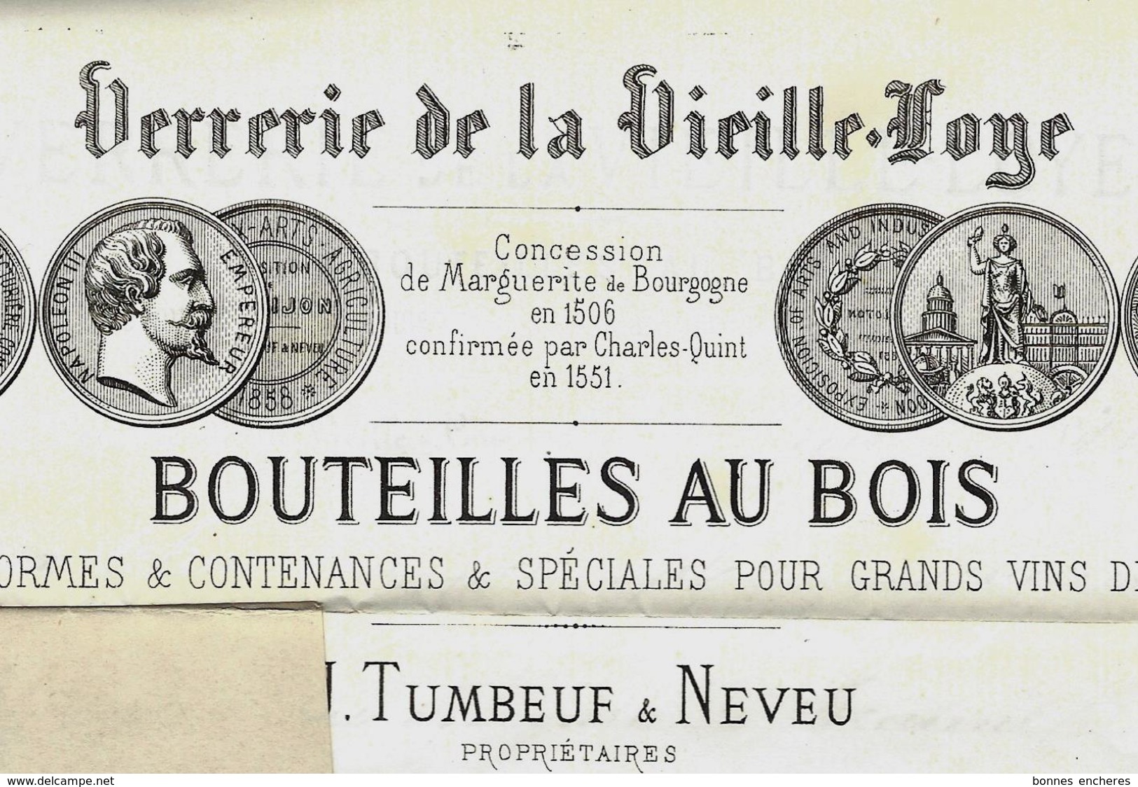 1871  VERRERIE DE LA VIEILLE LOYE TUMBEUF ET NEVEU Par Montbarrey Pour MM. Chanson à Beaune Champenoises Vins De Beaune - 1800 – 1899