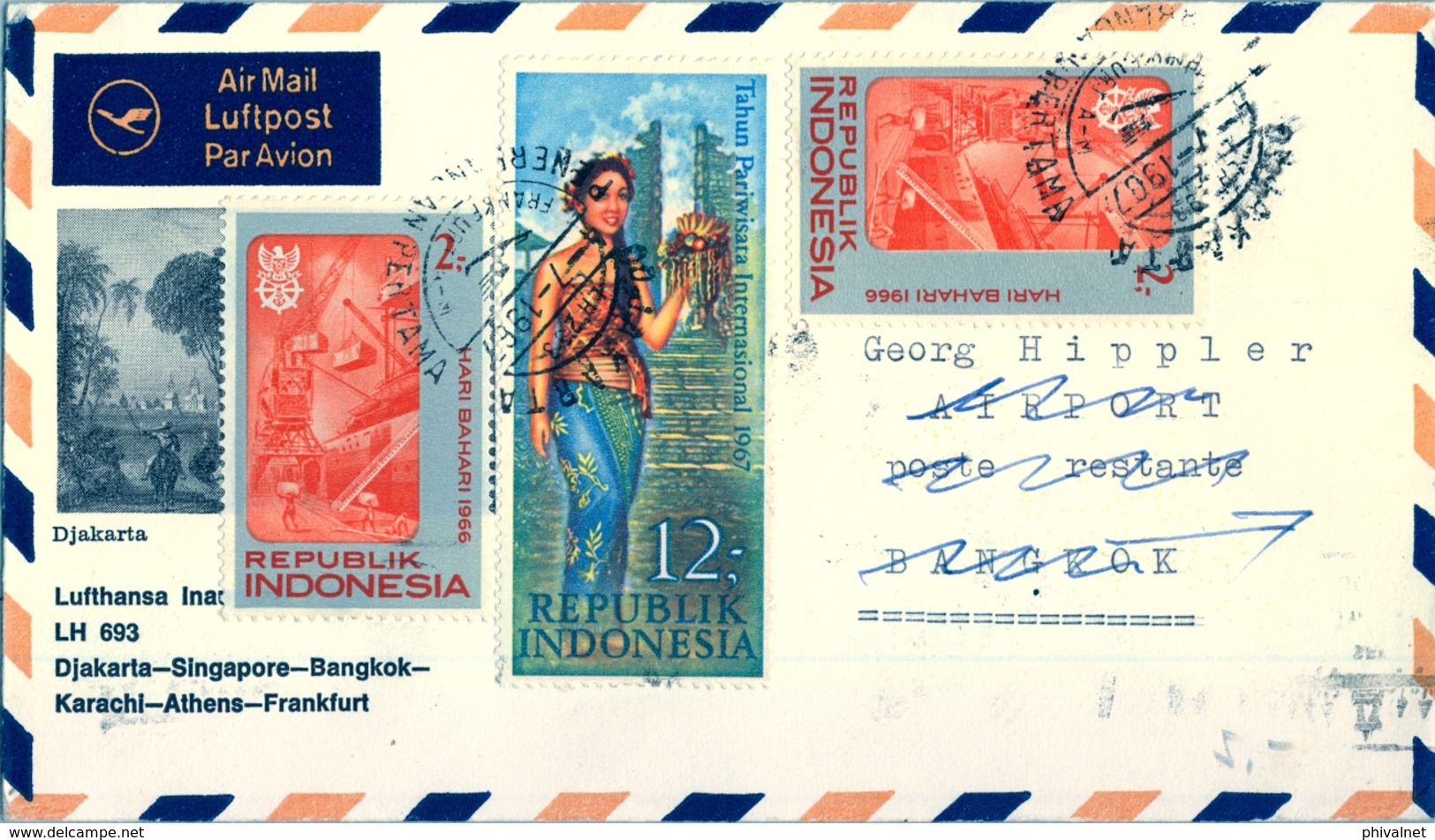 1967 , INDONESIA , JAKARTA , PRIMER VUELO , DJAKARTA - BANGKOK , LLEGADA AL DORSO, LUFTHANSA - Indonesia