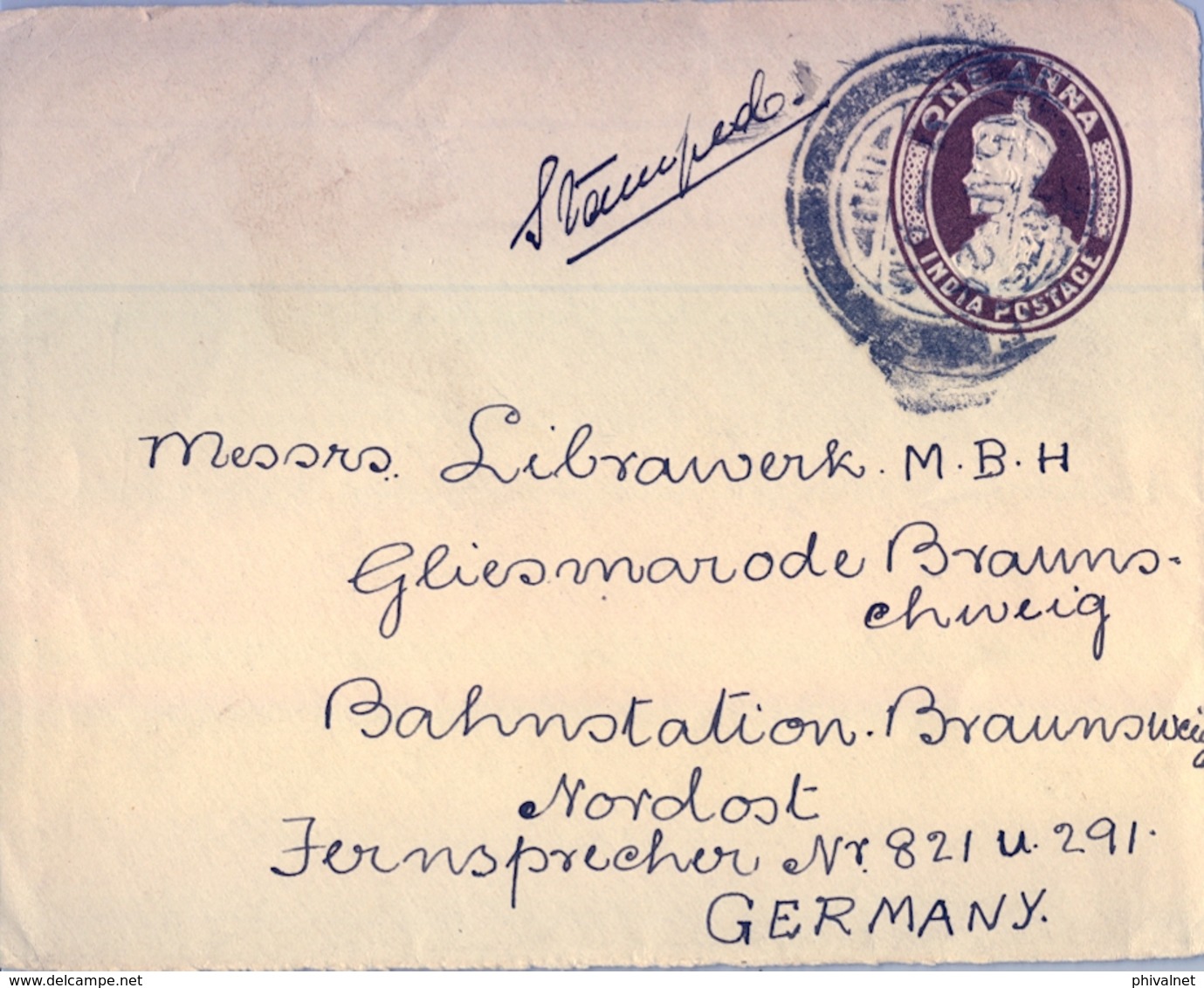 1924 , INDIA - PROTECTORADO BRITÁNICO , FRONTAL DE SOBRE ENTERO POSTAL CIRCULADO A BRAUNSCHWEIG , ONE ANNA - 1911-35 King George V