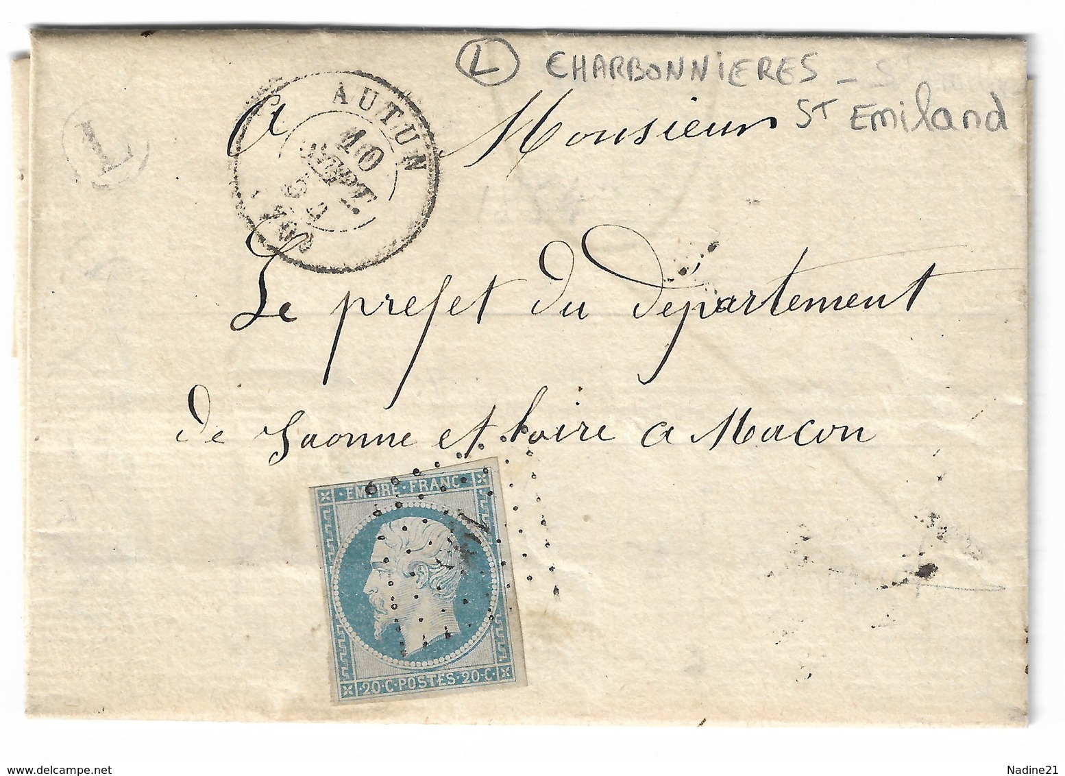 014. LAC N°14 Bleu Laiteux - Ecrite à Charbonnière - Càd Autun (SÂONE & LOIRE) - TIMBRE IMPERIAL 35cts - 1854-2 - 1849-1876: Klassik