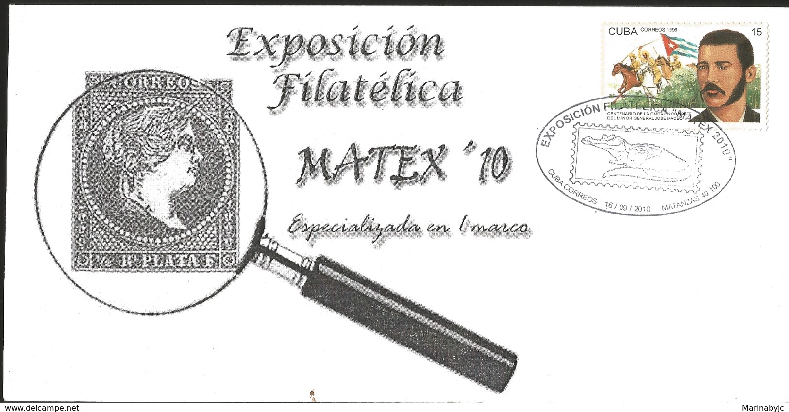 J) 2010 CUBA-CARIBE, PHILATELIC EXHIBITION, CENTENARY OF THE FALL IN COMBAT OF THE MAJOR GENERAL MACEO, CROCODRILE - Lettres & Documents