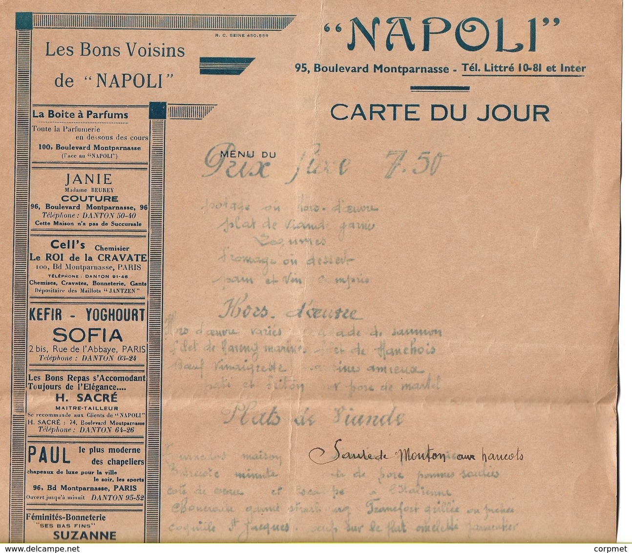 FRANCE -  MENU Cafe-Restaurant NAPOLI  95, Boulevard Montparnasse .- C/1920's - Menus