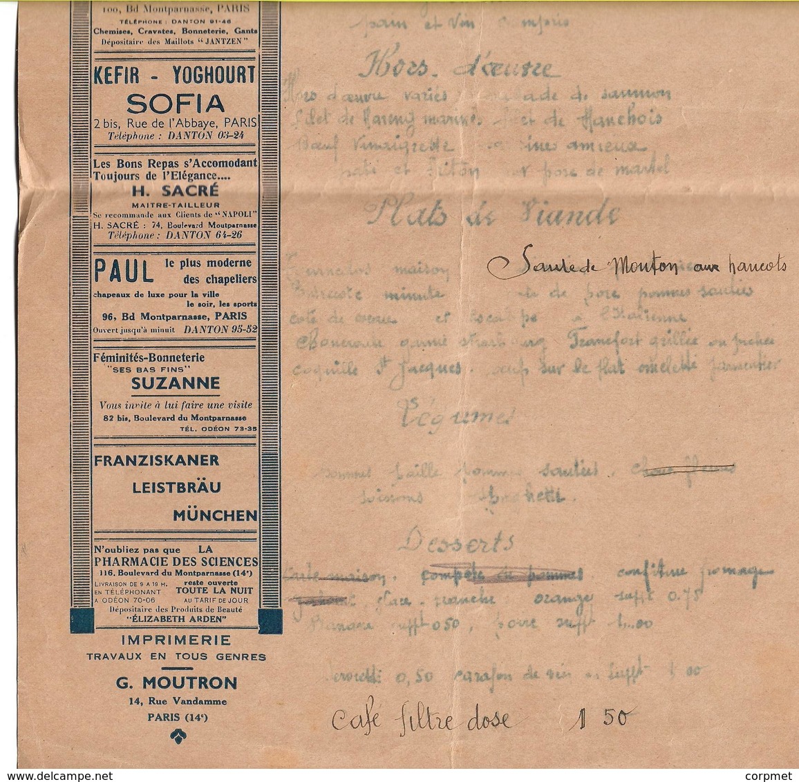 FRANCE -  MENU Cafe-Restaurant NAPOLI  95, Boulevard Montparnasse .- C/1920's - Menus