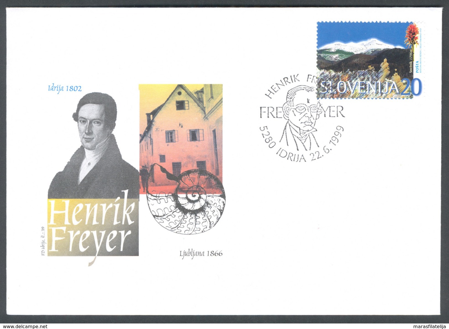 Slovenia, 1999, Henrik Freyer, Fossil, Special Postmark & Cover - Slovénie