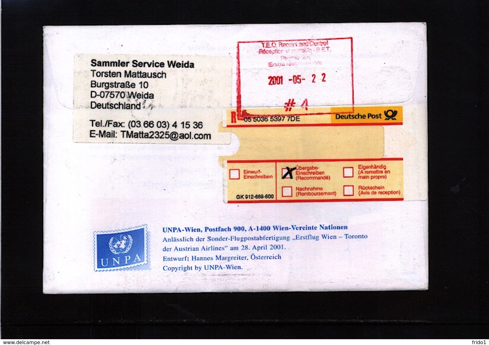 UNO Wien 2001 AUA First Flight Wien -Toronto - Cartas & Documentos