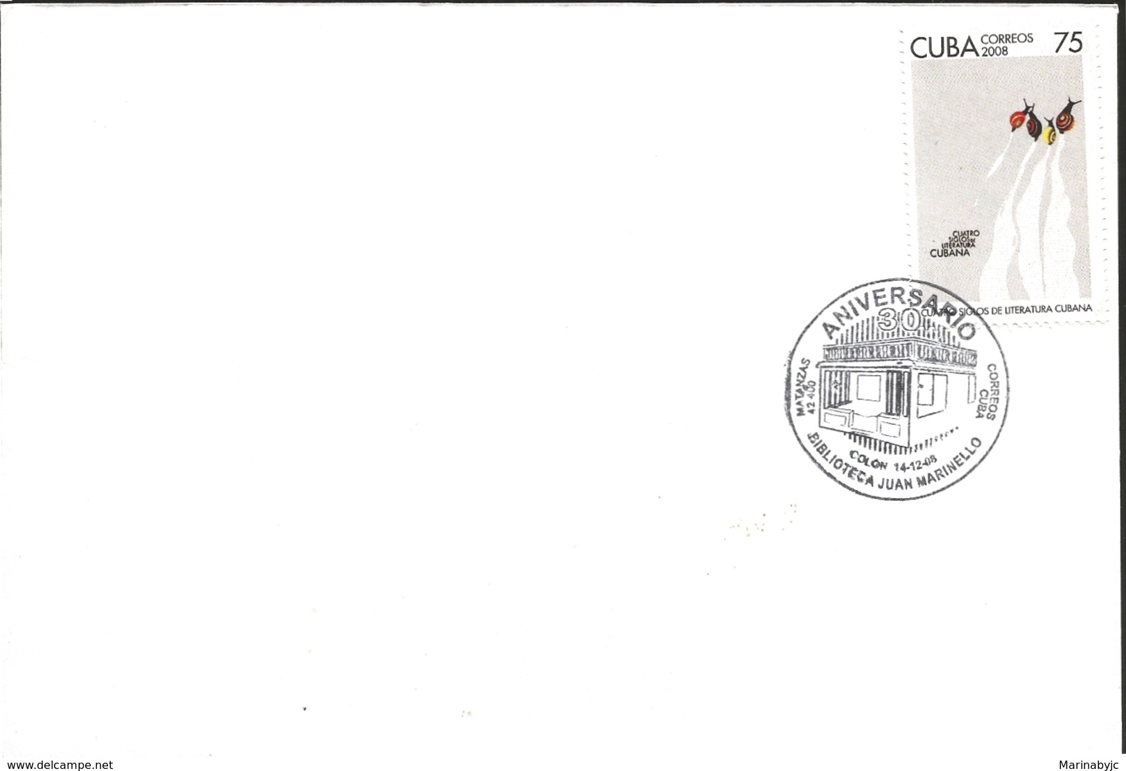 J) 2008 CUBA-CARIBE, 30th ANNIVERSARY OF THE JUAN MARINELLO LIBRARY, SNAILS, FDC - Lettres & Documents