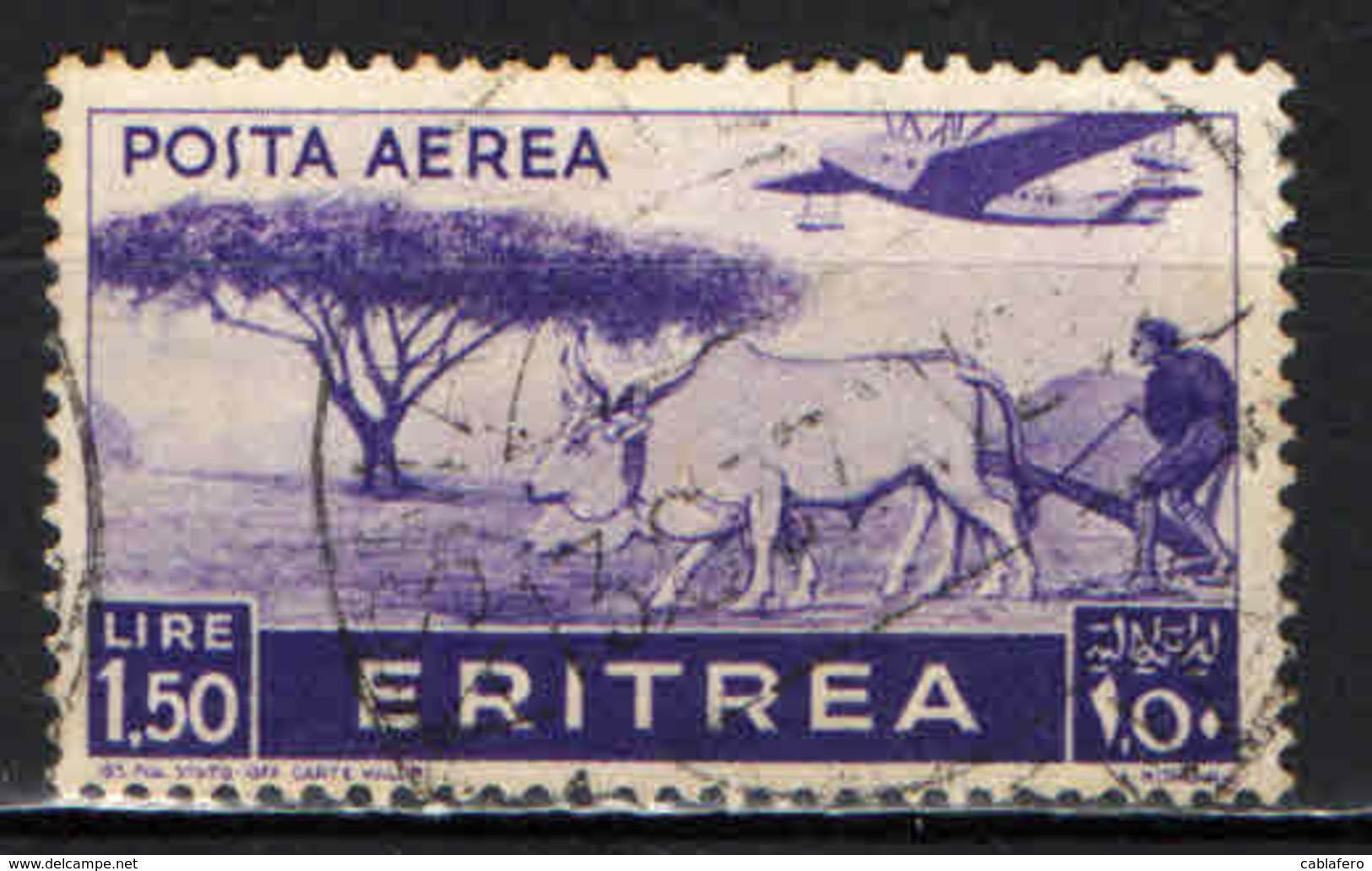 ITALIA - ERITREA - 1936 - AEREO CHE PLANA SU CONTADINO CHE ARA LA TERRA - USATO - Eritrea