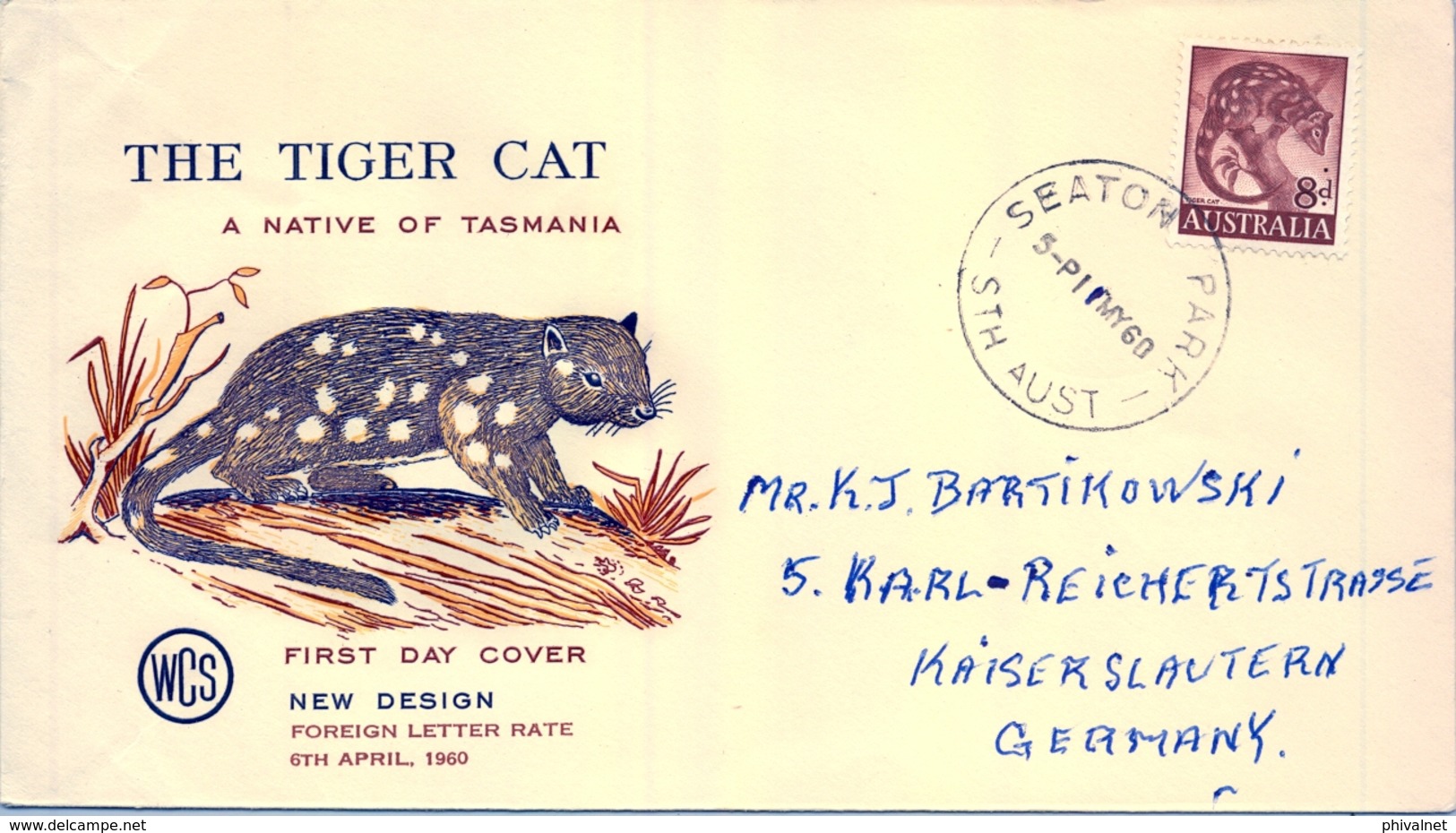 1960 , AUSTRALIA , SOBRE DE PRIMER DIA , SEATON , FAUNA , THE TIGER CAT - Sobre Primer Día (FDC)