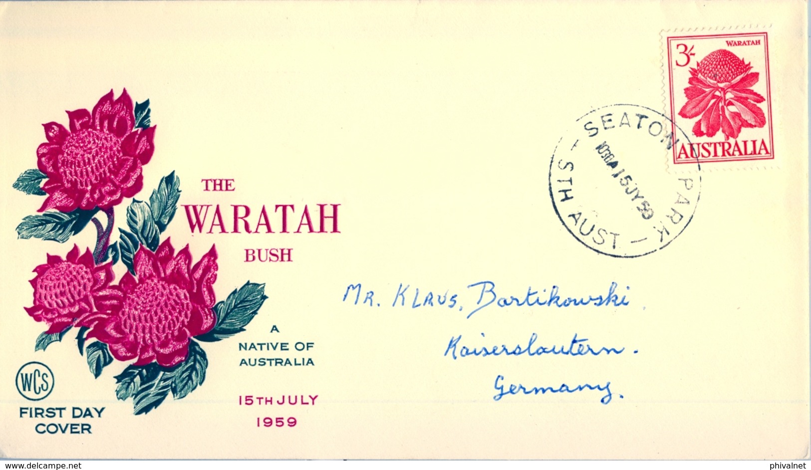 1959 , AUSTRALIA , SOBRE DE PRIMER DIA , SEATON , FLORES , THE WARATAH BUSH - Sobre Primer Día (FDC)