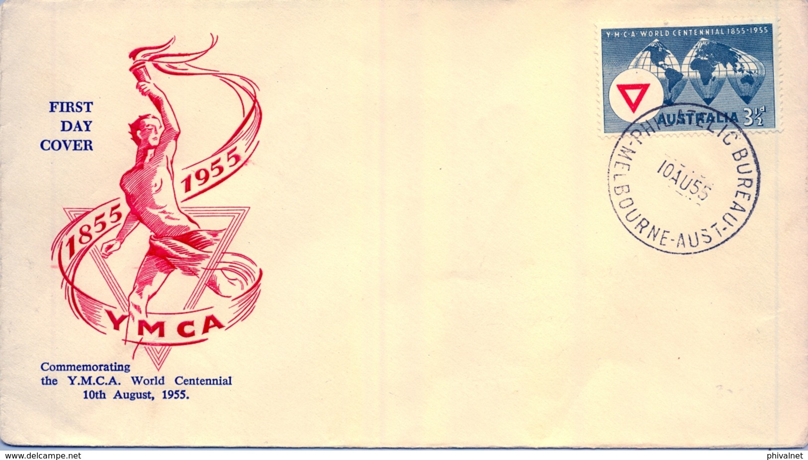 1955 , AUSTRALIA , SOBRE DE PRIMER DIA , Y.M.C.A. WORLD CENTENNIAL - Sobre Primer Día (FDC)