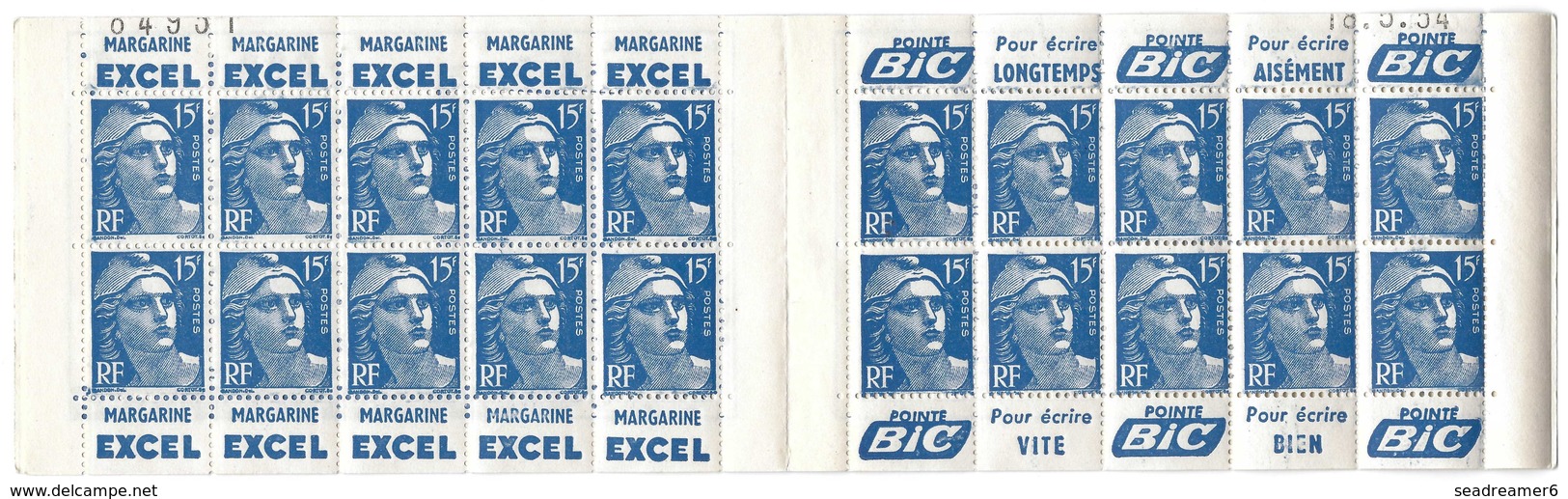 France Carnet Marianne De Gandon 15 Fr Bleu Serie 11 Pub Excel BIC Datés Et Avec Numéros 886-C10 - Autres & Non Classés