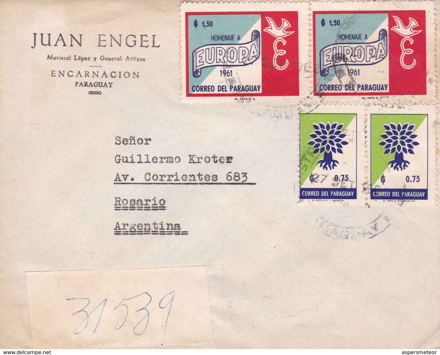 JUAN ENGEL. ENVELOPPE CIRCULEE 1961 PARAGUAY A ROSARIO STAMP A PAIR- BLEUP - Paraguay