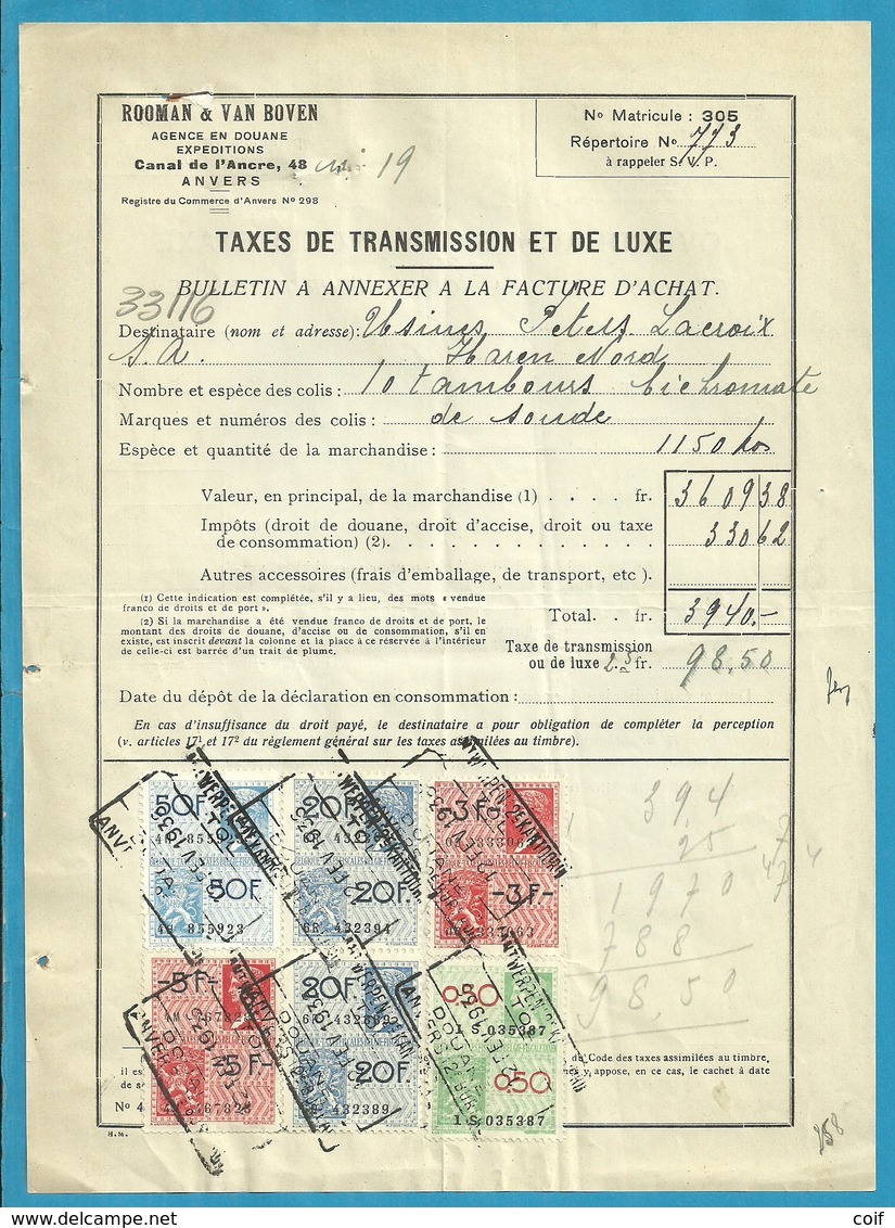 Fiscale Zegels 50 Fr + 20 Fr......TP Fiscaux / Op Dokument Douane En 1936 Taxe De Transmission Et De Luxe - Documents