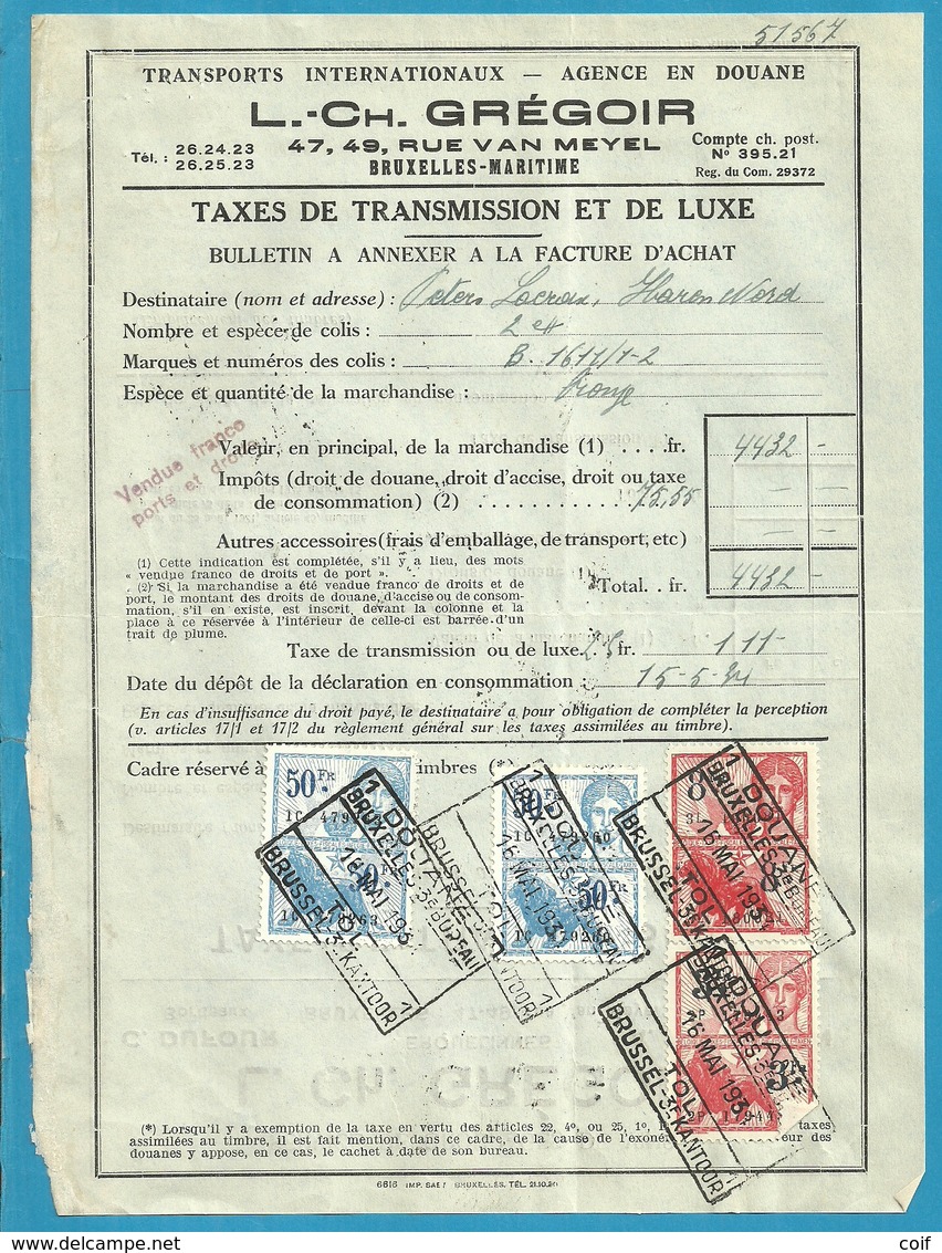 Fiscale Zegels 50 Fr + 8 Fr......TP Fiscaux / Op Dokument Douane En 1934 Taxe De Transmission Et De Luxe - Documents