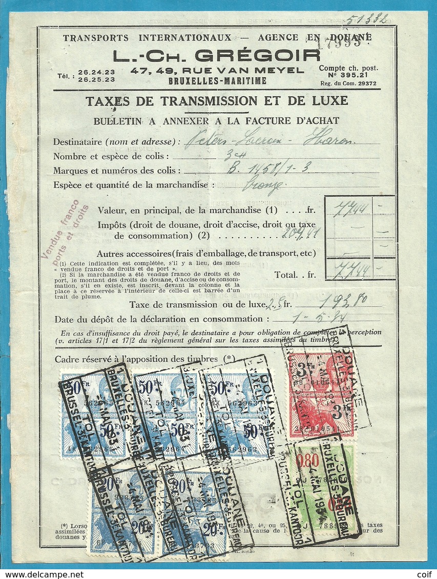 Fiscale Zegels 50 Fr + 20 Fr......TP Fiscaux / Op Dokument Douane En 1934 Taxe De Transmission Et De Luxe - Documents