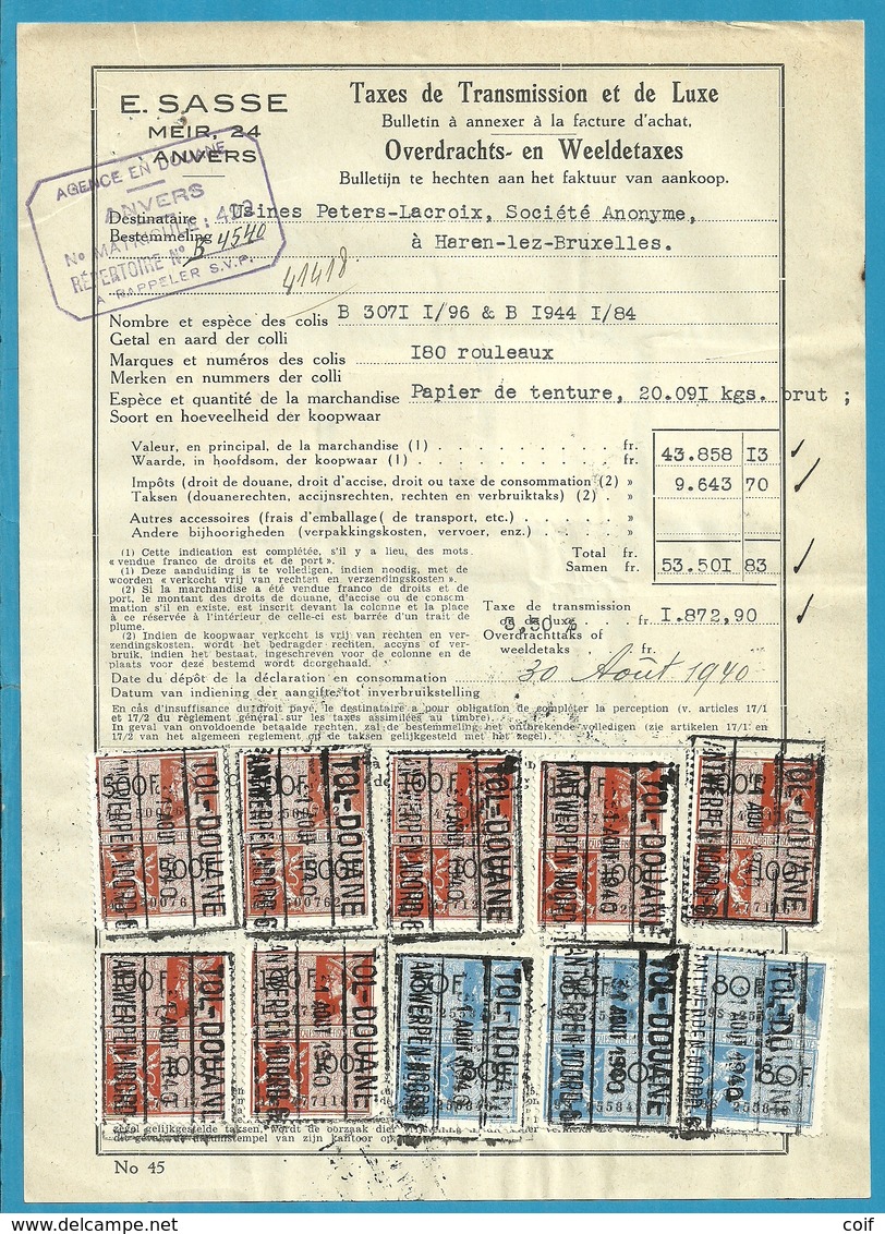 Fiscale Zegels 500 Fr + 100 Fr.+80Fr.....TP Fiscaux / Op Dokument Douane En 1940 Taxe De Transmission Et De Luxe - Documenti