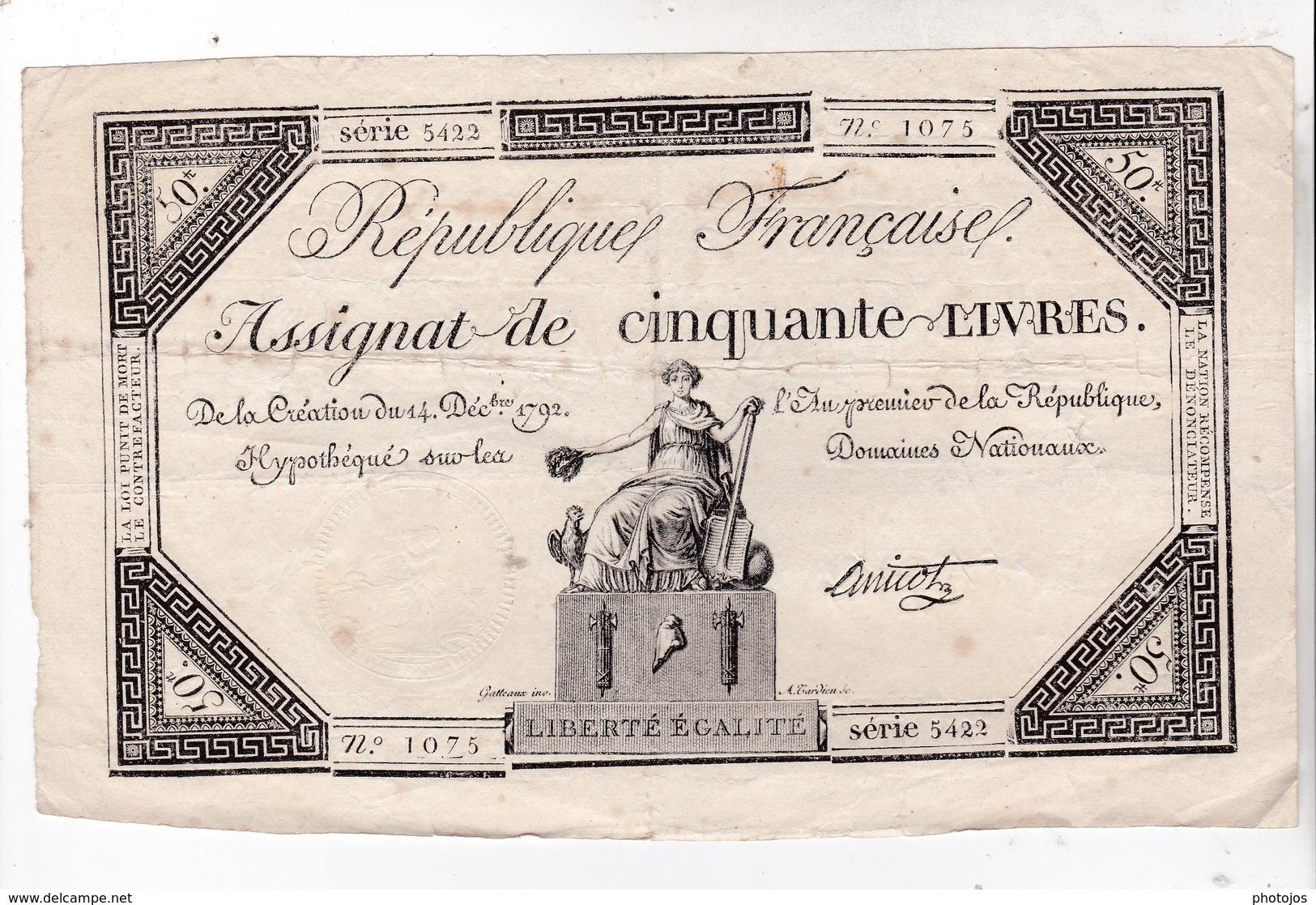 Rare Assignat De 50 Livres 1792  Signature Anicot   Série 5422  Bon état Belle Marge - Assignats & Mandats Territoriaux