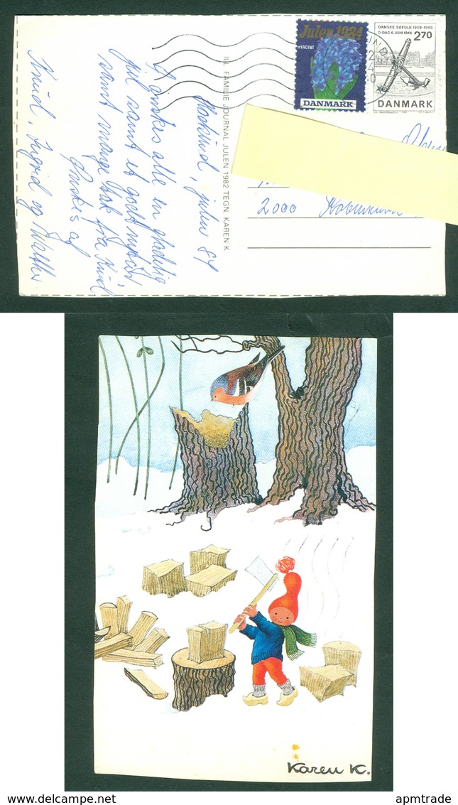 Denmark. Christmas Card 1984. Santa Splitting Firewood. Bird. Artist: Karen K. Postal Used, With Christmas Seal. - Santa Claus