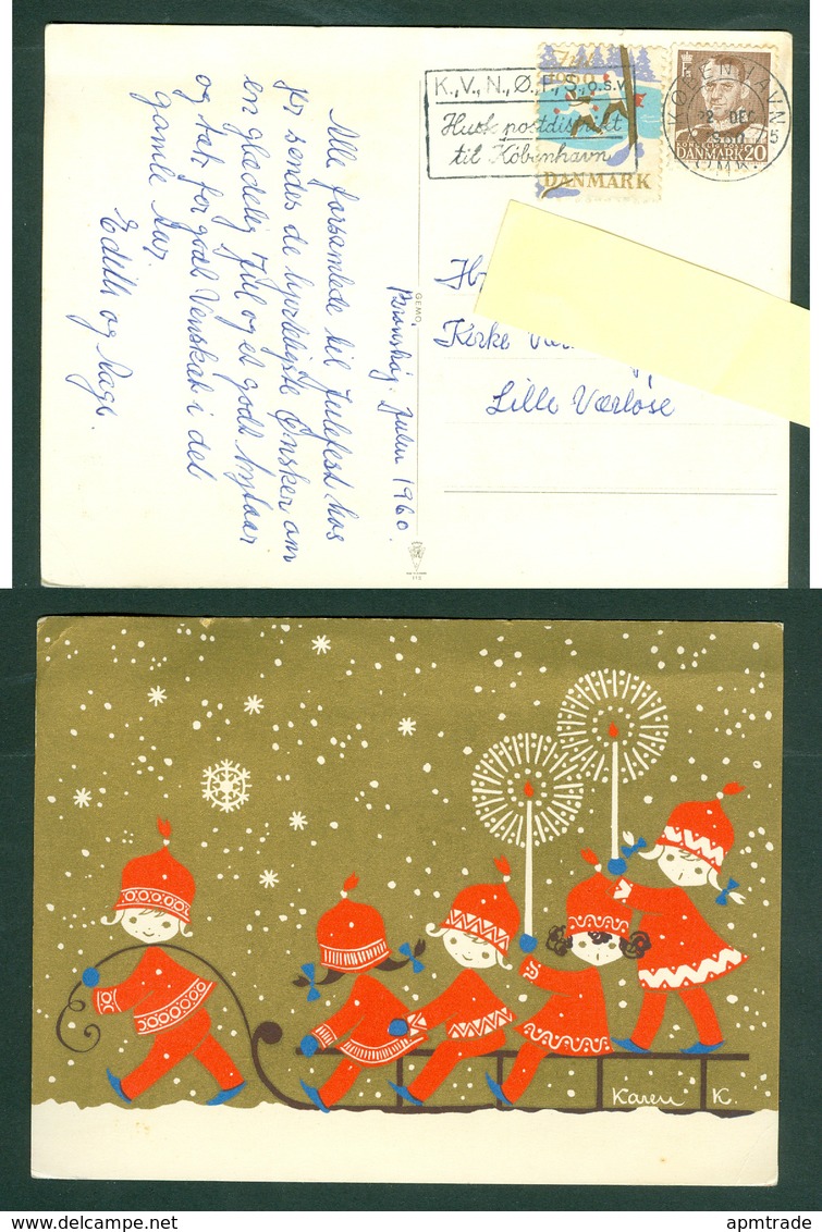 Denmark. Christmas Card 1960.Children,Sled,Light,Stars.  Artist: Karen K. Postal Used, With Christmas Seal. - Other & Unclassified