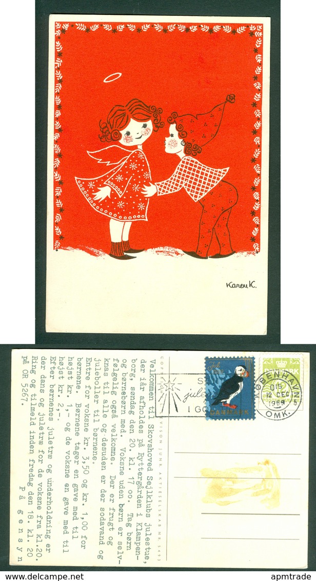 Denmark. Christmas Card 1959. Santa Kissing Girl. Artist: Karen K. Postal Used,With Christmas Seal. - Santa Claus