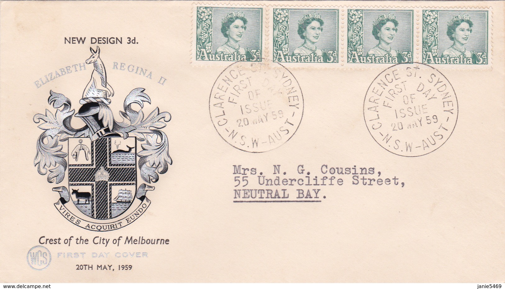 Australia 1959 Queen Elizabeth II,3d Green WCS FDC, Strip 4 - FDC