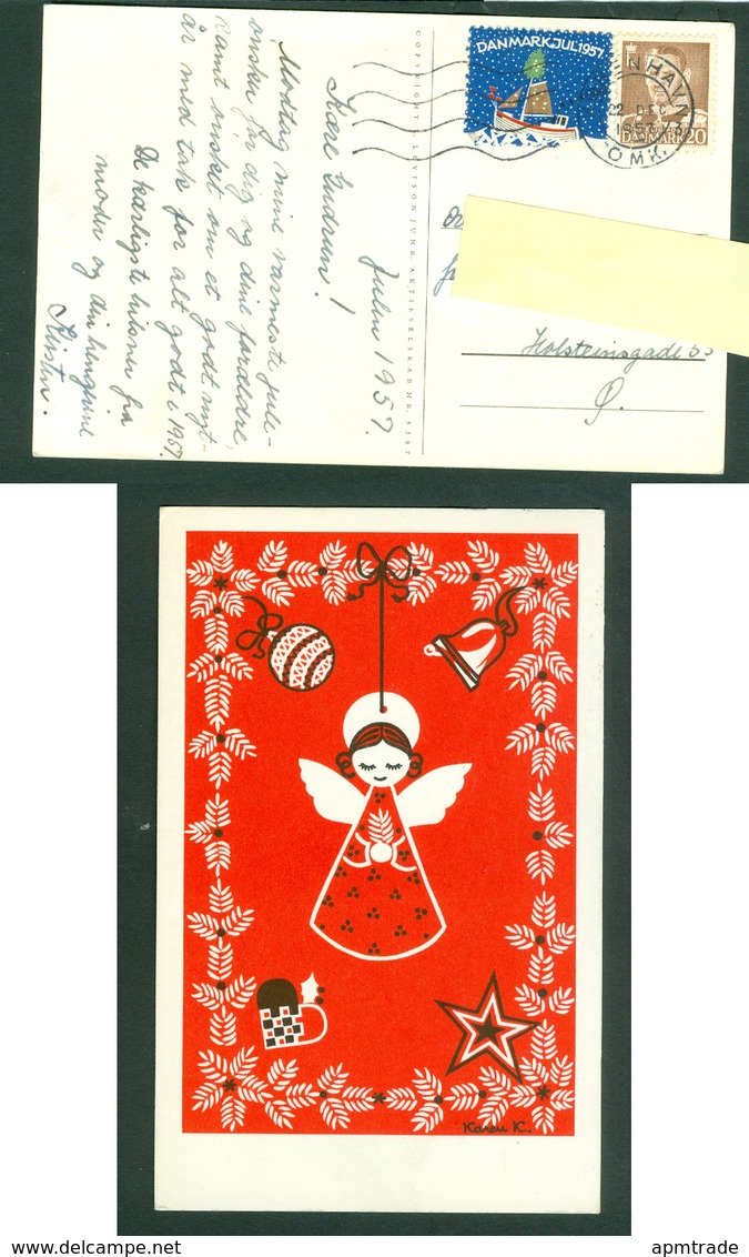 Denmark. Christmas Card 1957. Angel,Christmas Decorations: Karen K. Postal Used,With Christmas Seal. - Other & Unclassified
