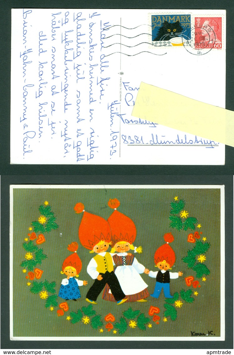 Denmark. Christmas Card 1973. Santa,National Costumes: Karen K. Postal Used,With Christmas Seal. - Other & Unclassified