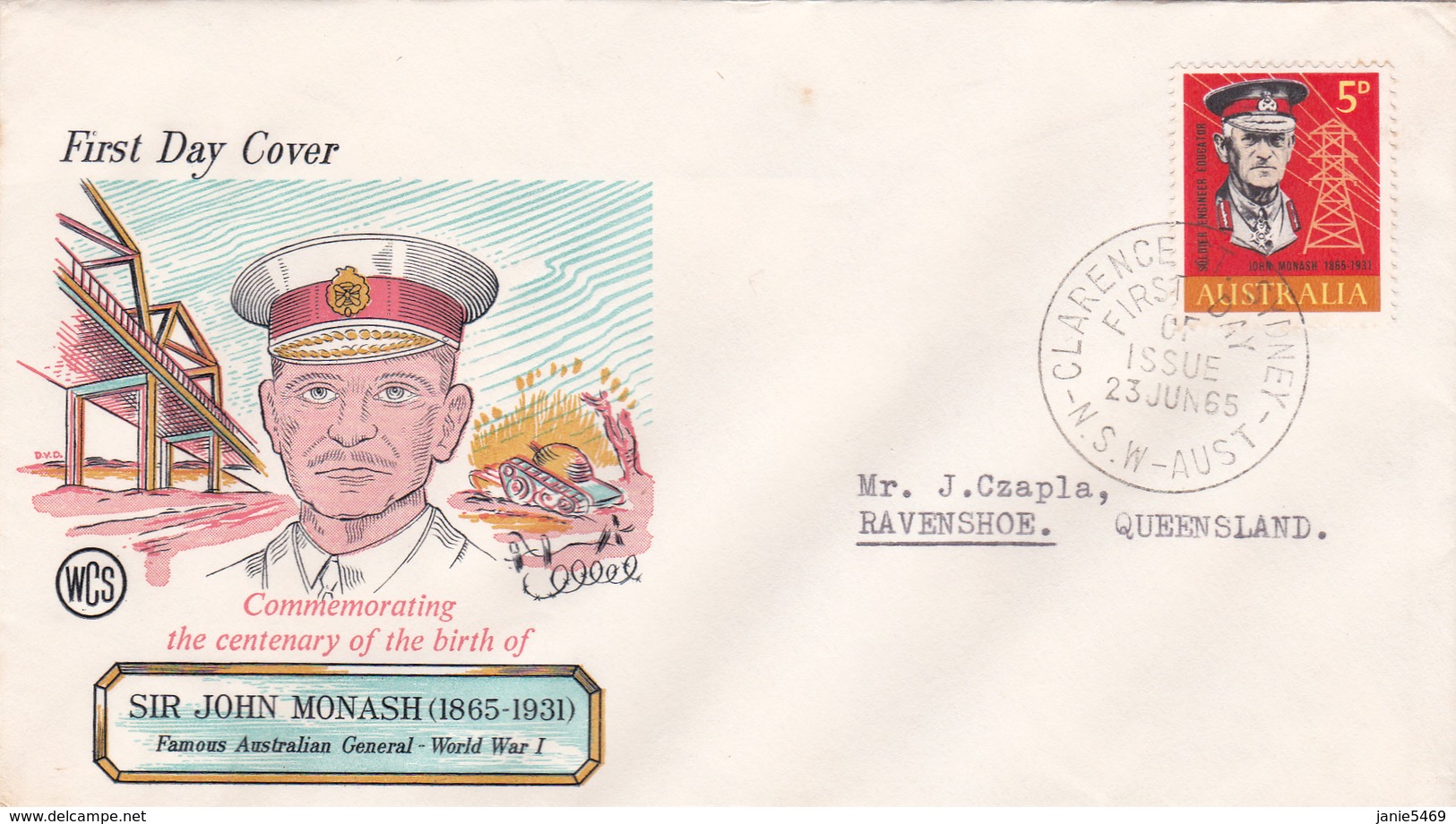 Australia 1965 Centenary Of The Birth Of General Sir John Monash WCS  First Day Cover,Type 1 - FDC