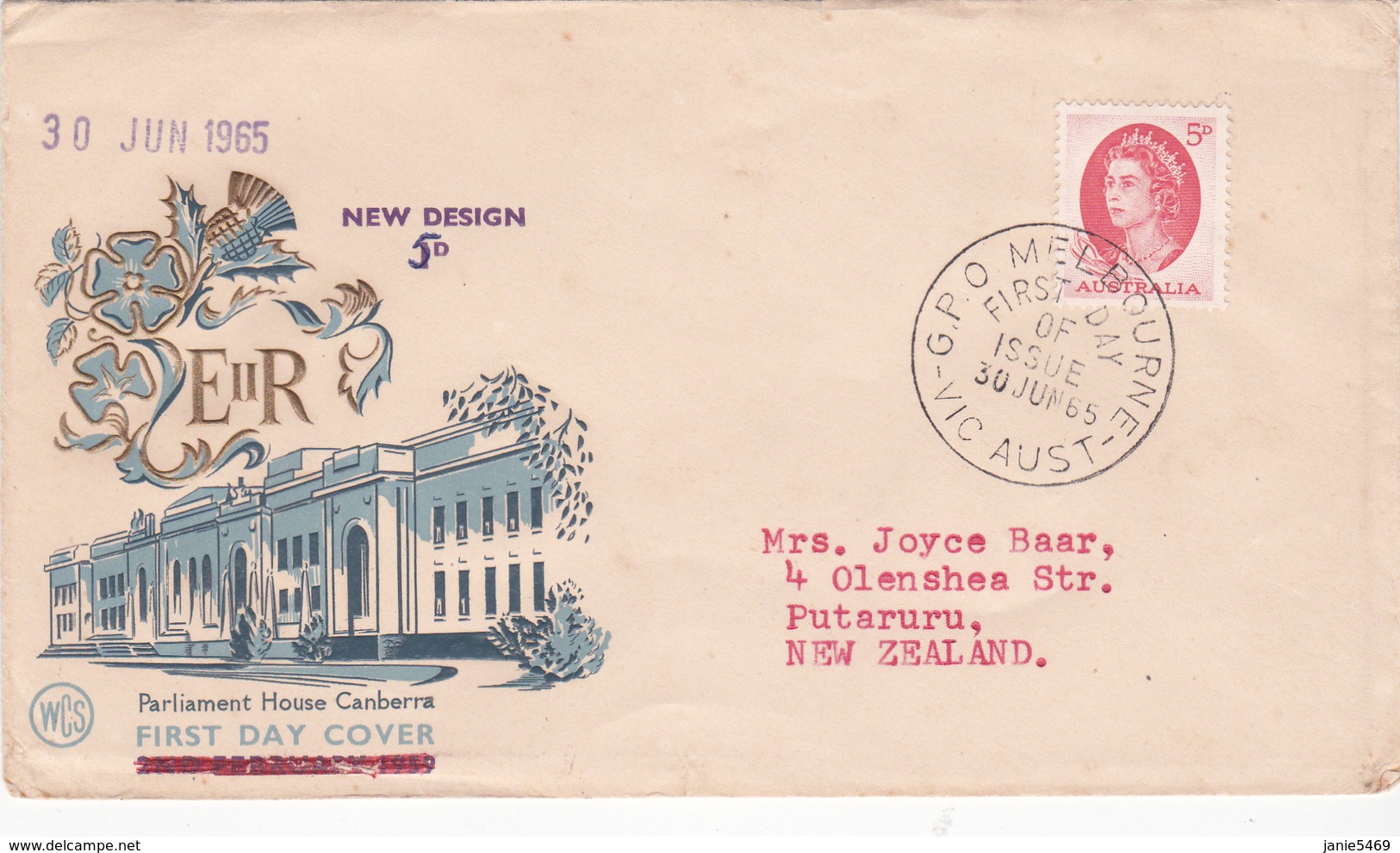 Australia 1965 Definitive Issue 5d Red Queen Elizabeth II,WCS FDC,Type 1 - FDC