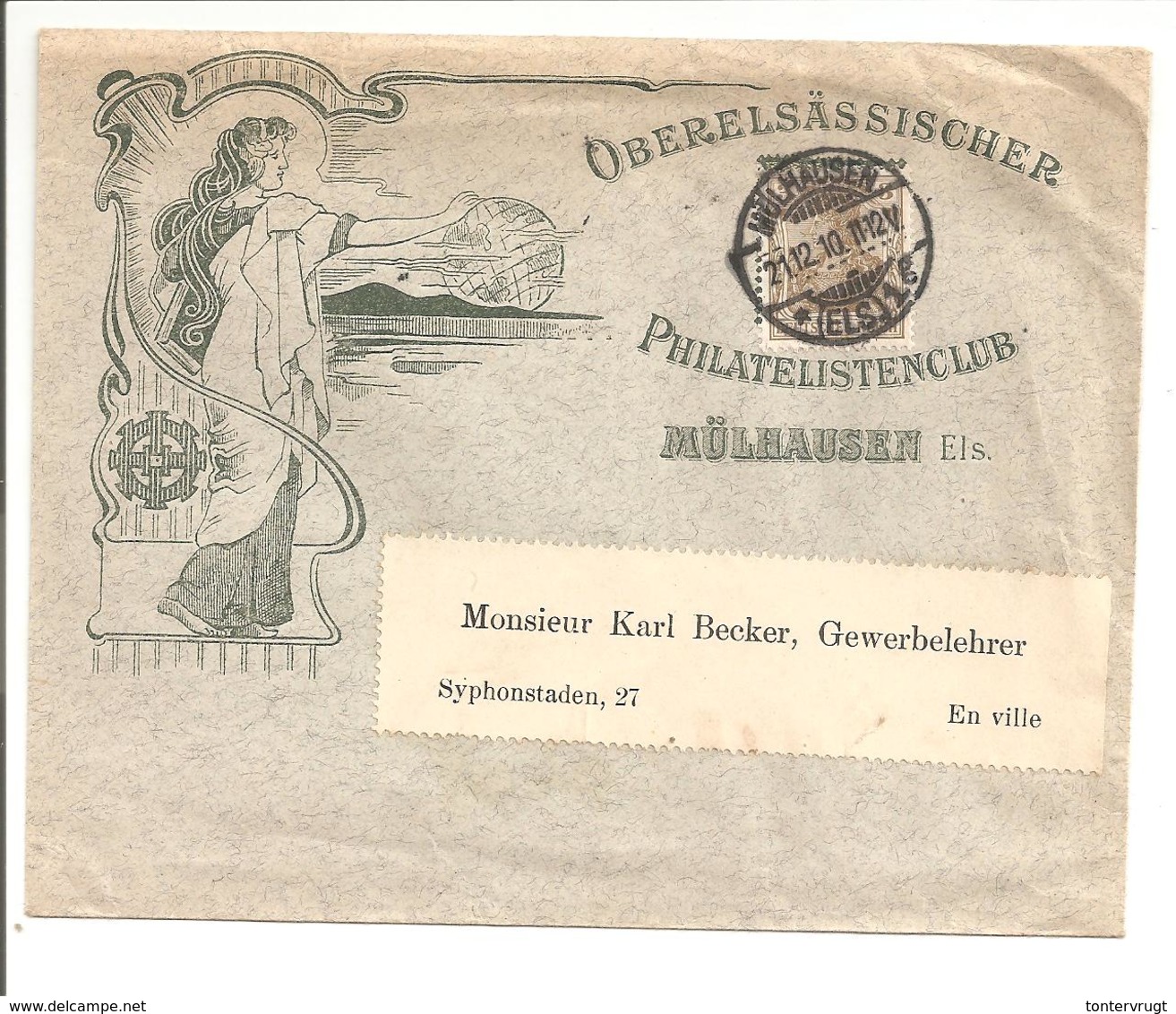 Germania 3Pf Mi84 I EF.Mühlausen-68 Mulhouse.ART NOUVEAU.Philatelistenclub - Briefe U. Dokumente