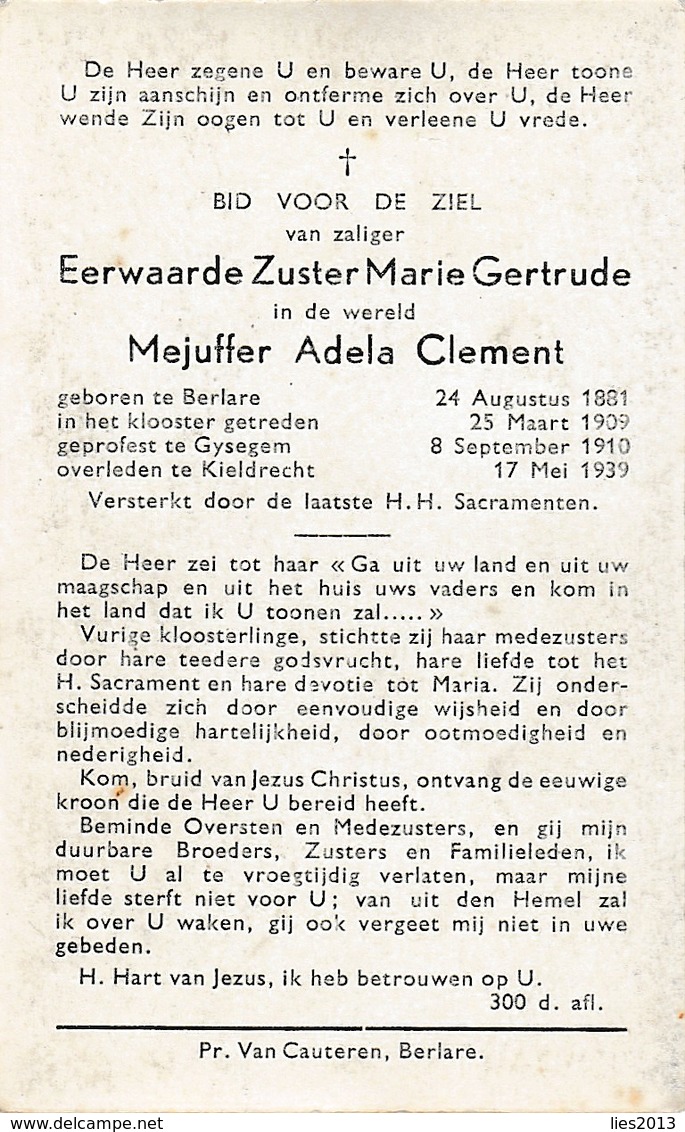 Zuster, Soeur,Adela Clement, Berlare, Gijzegem,Kieldrecht,1939 - Religión & Esoterismo