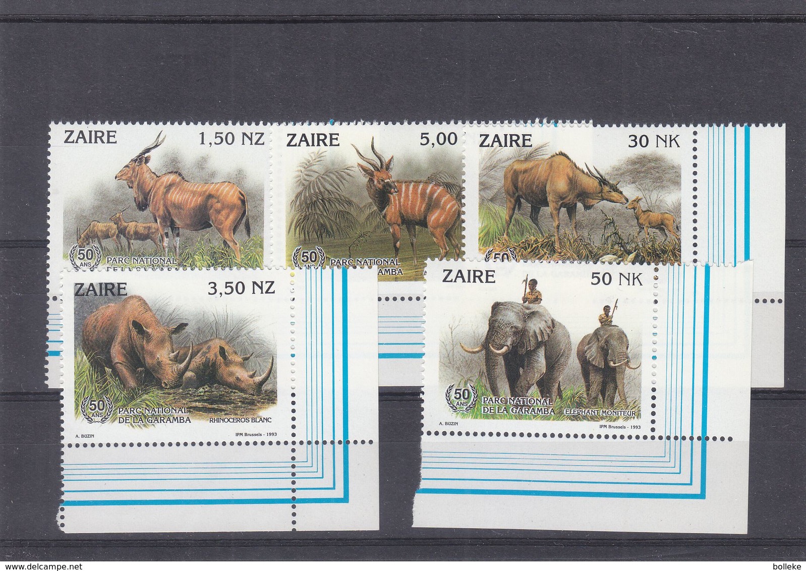 Zaïre - COB 1452 / 6 ** - MNH - éléphants - Rhinocéros - Antiloppes - Elan - Dessinateur BUZIN - Valeur 7,50 Euros - Neufs