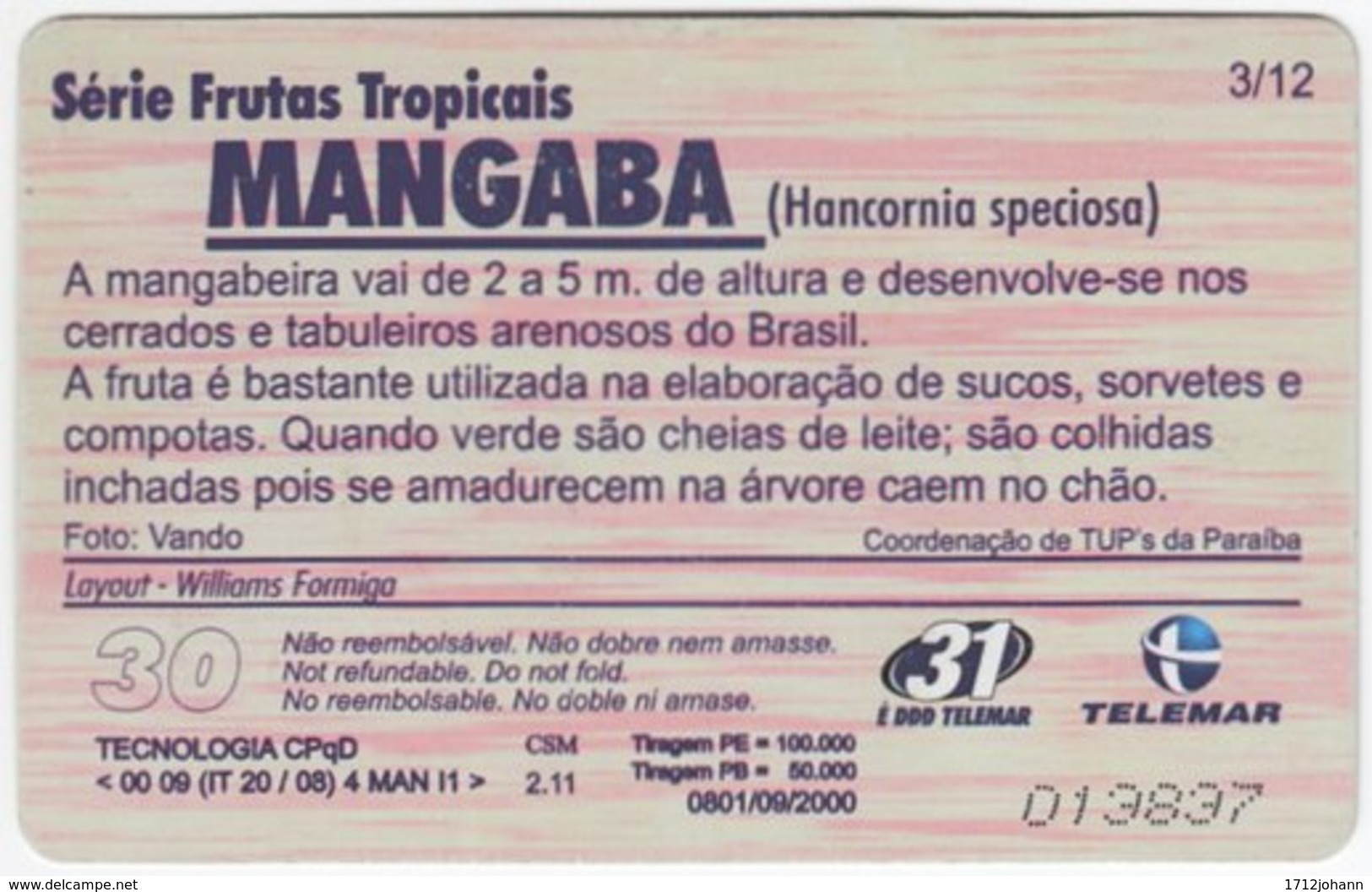 BRASIL H-108 Magnetic Telemar - Plant, Fruit, Mangaba - Used - Brasilien