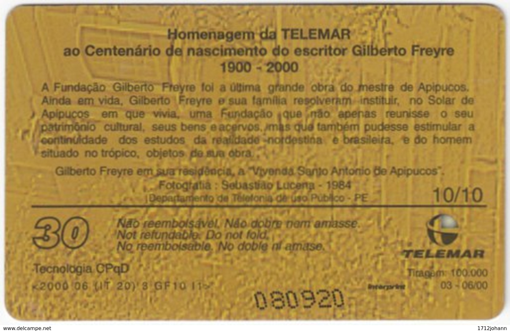 BRASIL H-111 Magnetic Telemar - Historic Scientist, Gilberto Freyre - Used - Brasilien