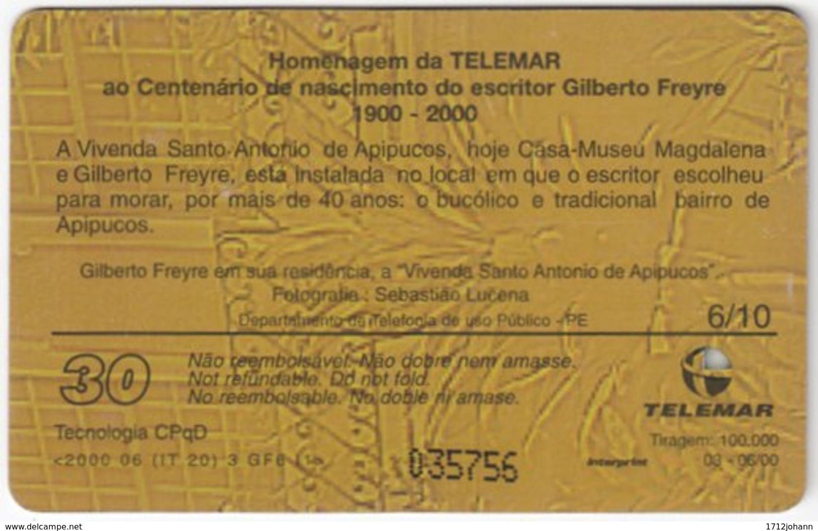 BRASIL H-115 Magnetic Telemar - Historic Scientist, Gilberto Freyre - Used - Brasilien