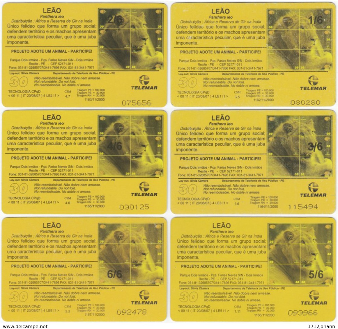 BRASIL H-131 Magnetic Telemar - Animal, Cat, Lion - 6 Pieces - Used - Brazilië