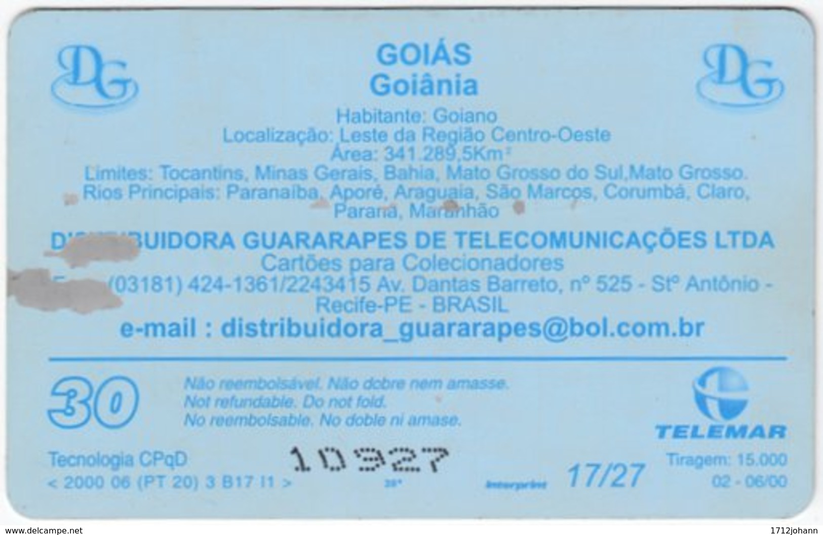 BRASIL H-157 Magnetic Telemar - Flag Of Goiania - Used - Brasilien