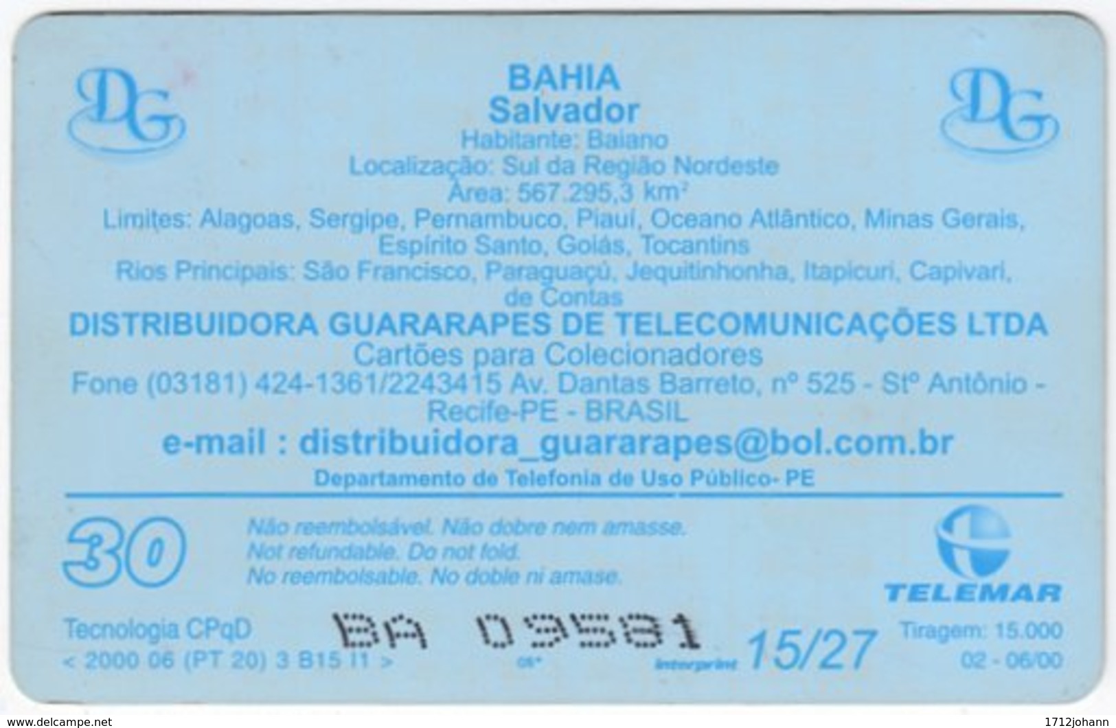 BRASIL H-159 Magnetic Telemar - Flag Of Salvador - Used - Brasilien