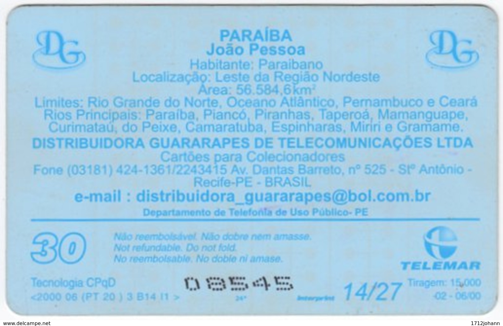 BRASIL H-160 Magnetic Telemar - Flag Of Jolio Pessoa - Used - Brasilien