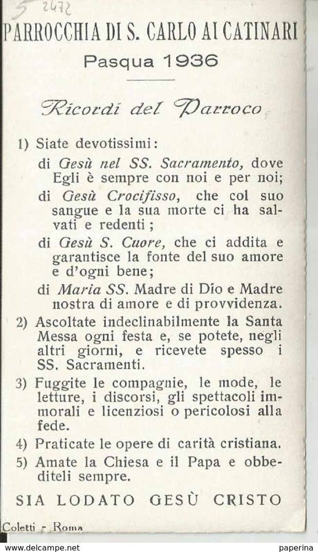 SANTINO SERIE  SPES 577 PARROCCHIA DI S. CARLO AI CATINARI PASQUA 1936  (1472) - Santini