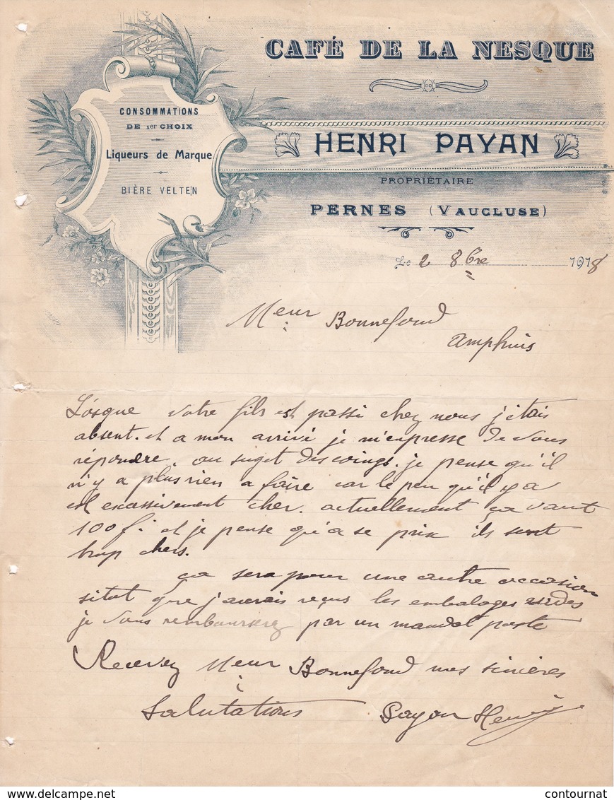 84 PERNES Les Fontaines  COURRIER 1918 Café De La Nesque  Bière Velten Liqueurs Henri PAYAN   X31 Vaucluse - 1900 – 1949