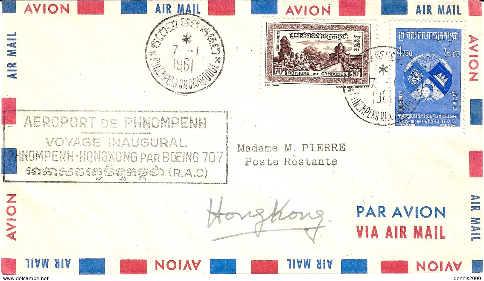 7-1-1961 - Voyage Inaugural PHNOMPENH-HONGKONG Par Boing 707 ( R.A.C. ) - Cambodge